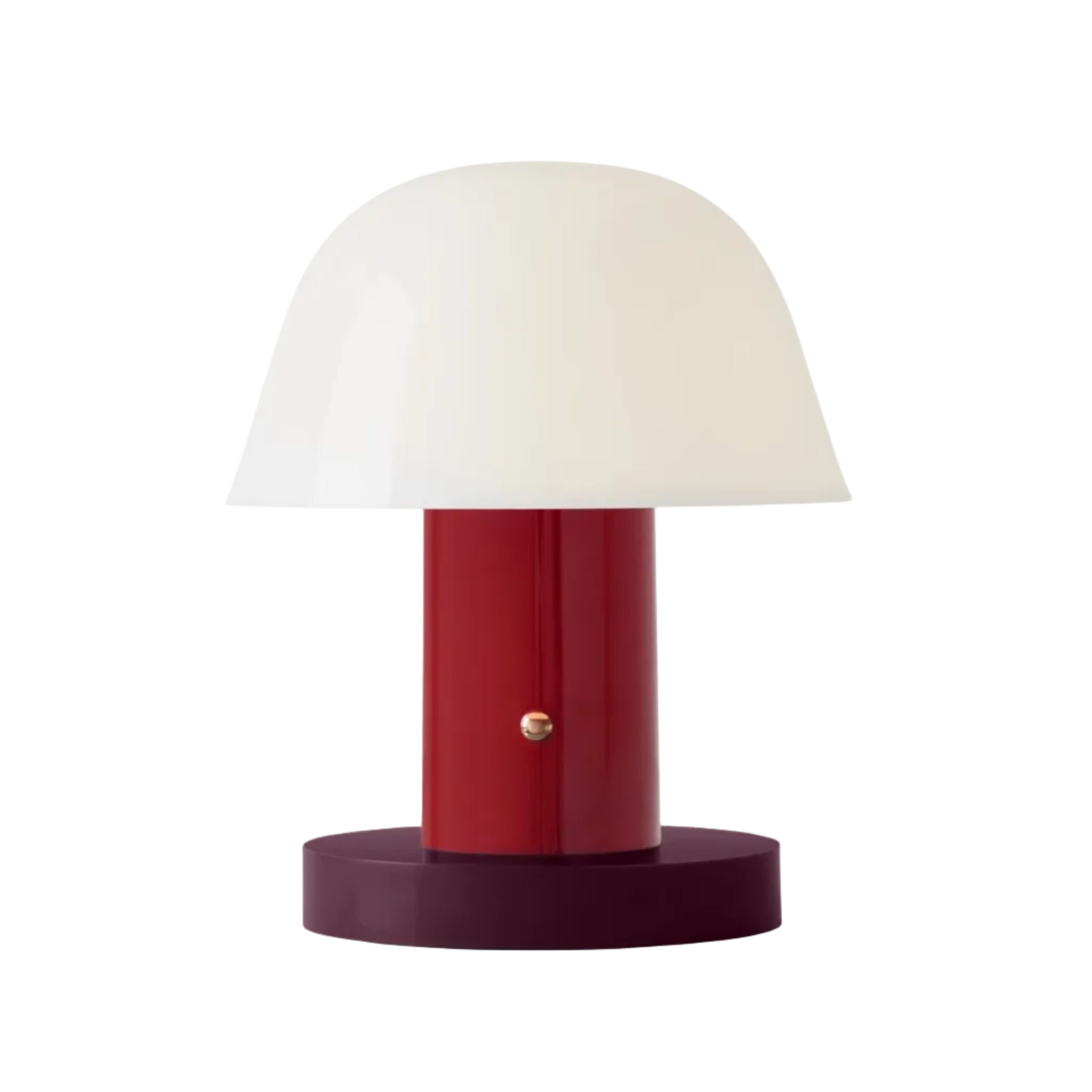 Tragbare Lampe SETAGO JH27 mit cremefarbenem Schirm und dunkelrotem Fuß.