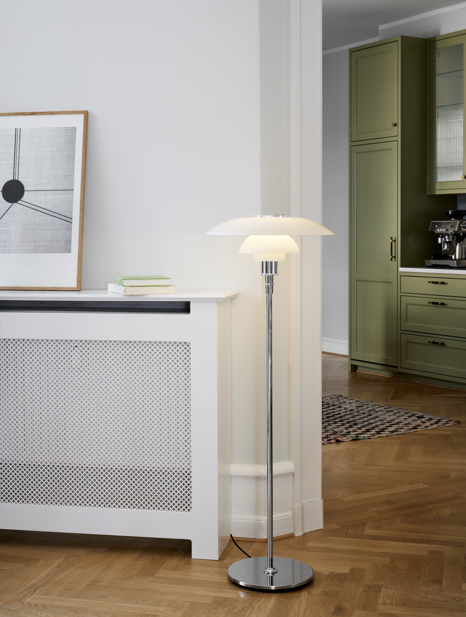 PH 4½-3½ white floor lamp with chrome base