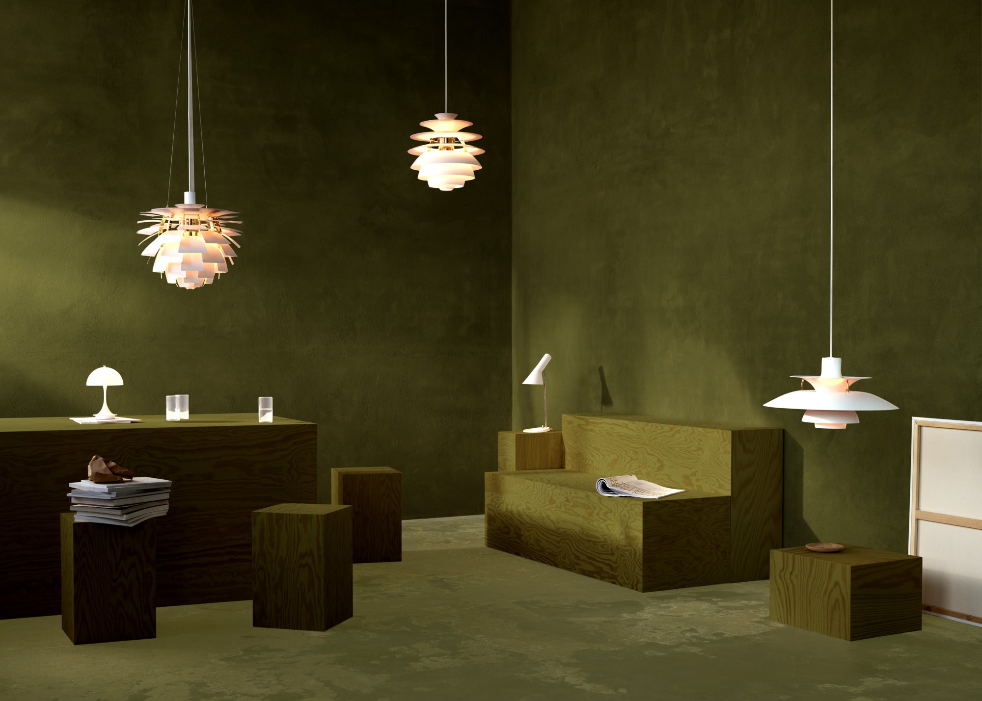 Pendelleuchte PH SNOWBALL schmutzig grün mit messingfarbener Oberfläche