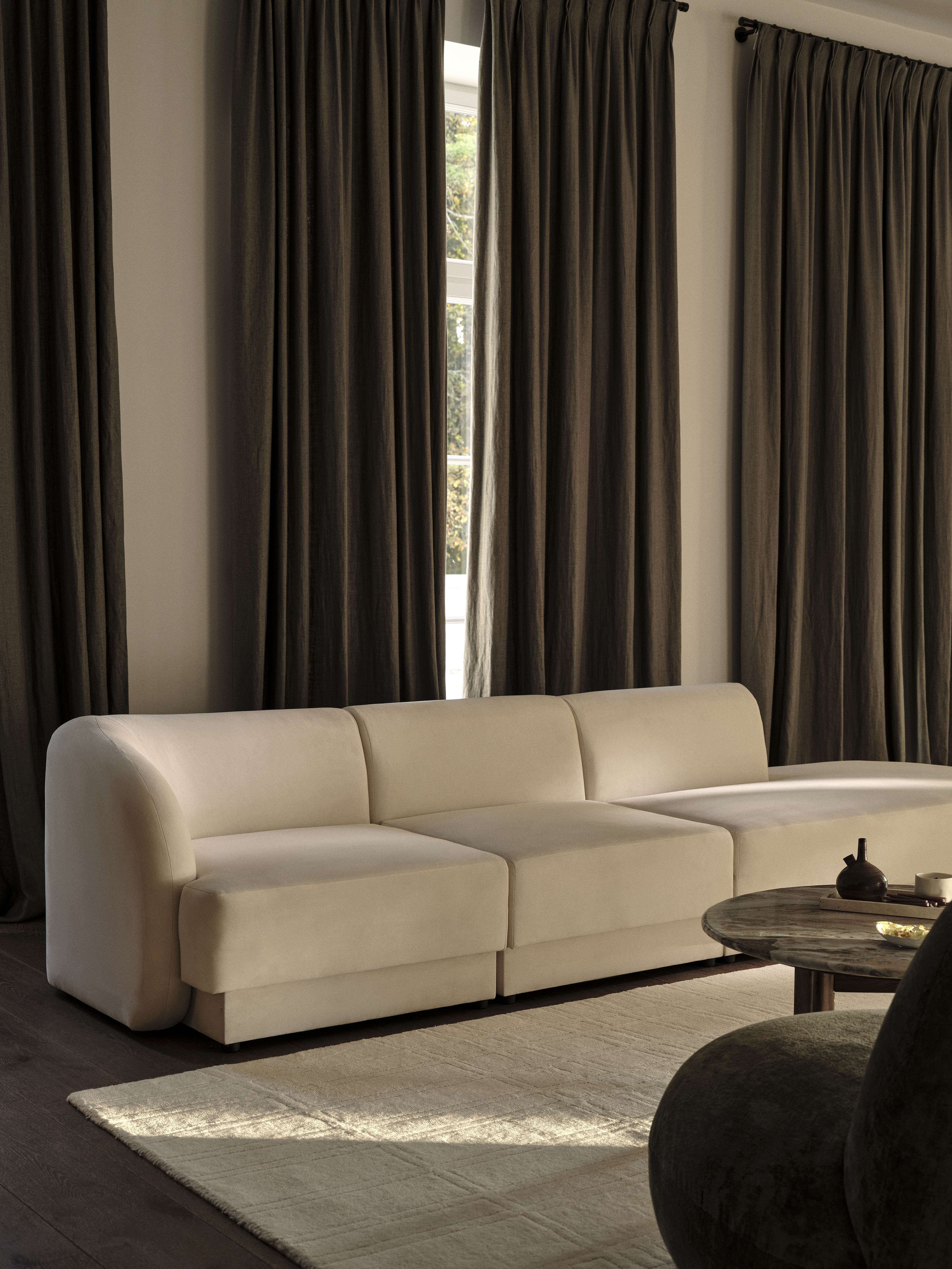 Modulares Ecksofa rechtsseitig für 7 Personen MILEY petrolblau samtig