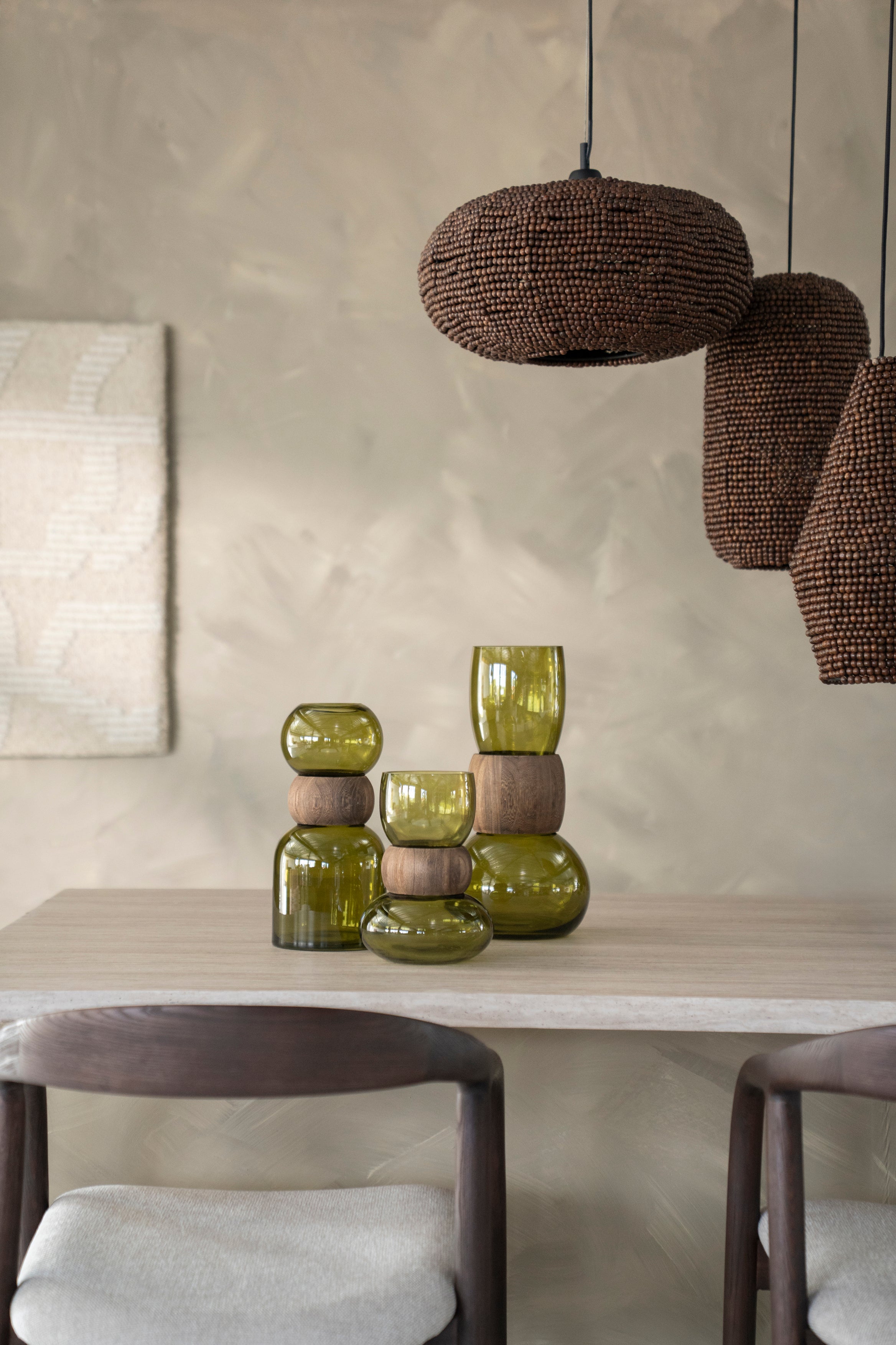 Vase VERRA beige Glas mit Holz