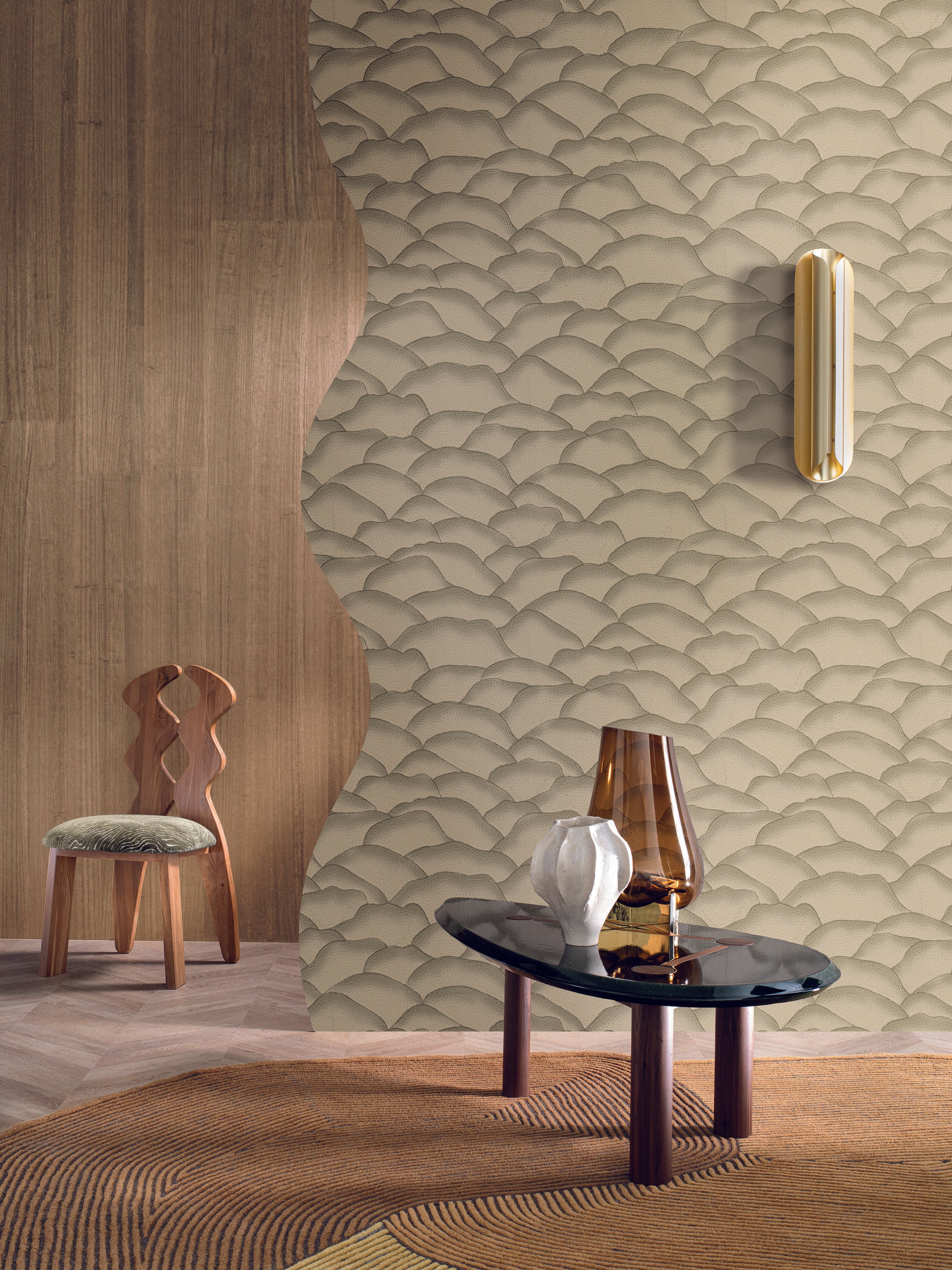 Structural wallpaper imitating fabric with an abstract wave pattern ONDULA light brown