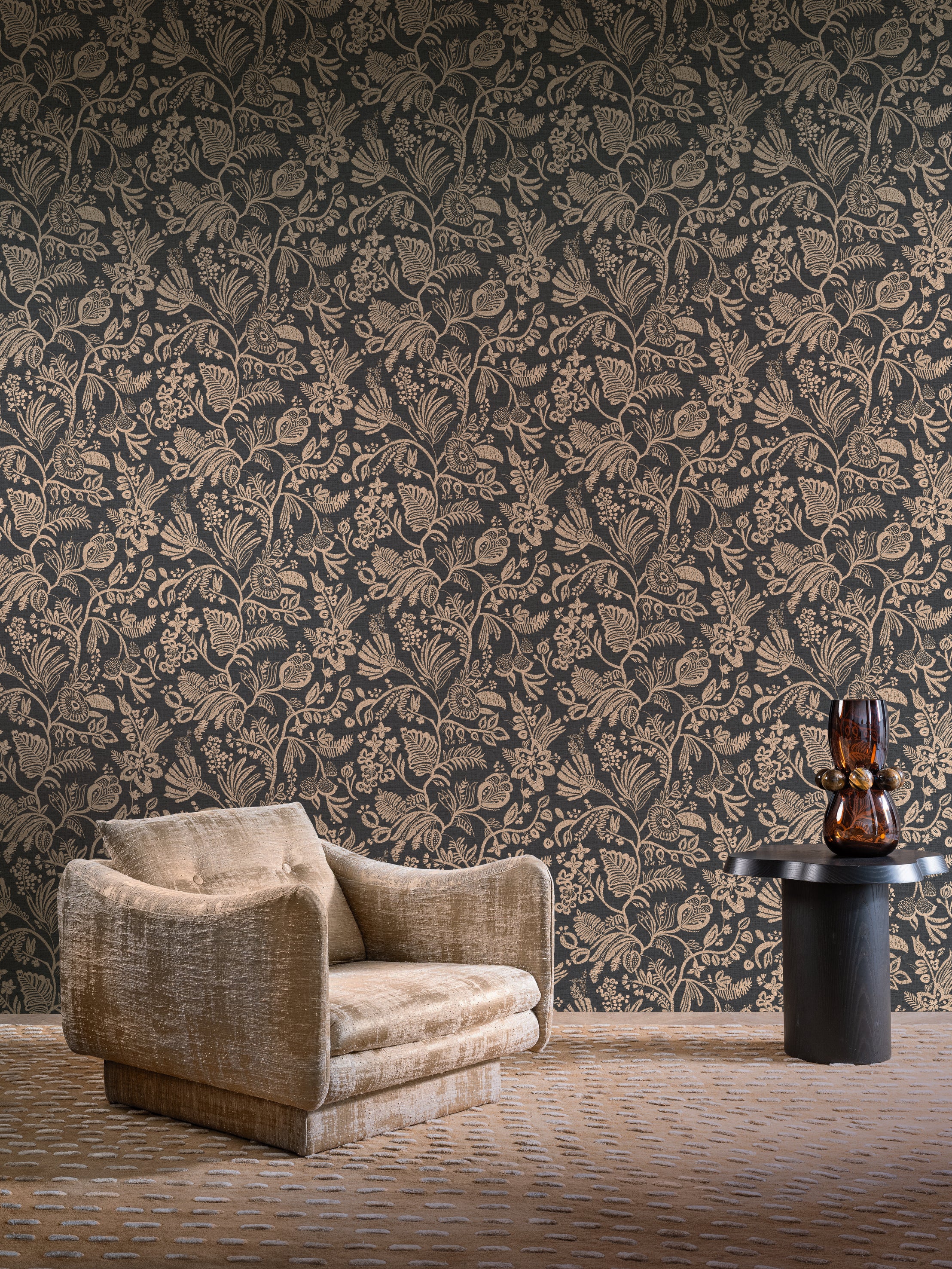 Structural wallpaper imitating embroidery with a floral and leaf pattern PASTEL - NUDE dark beige