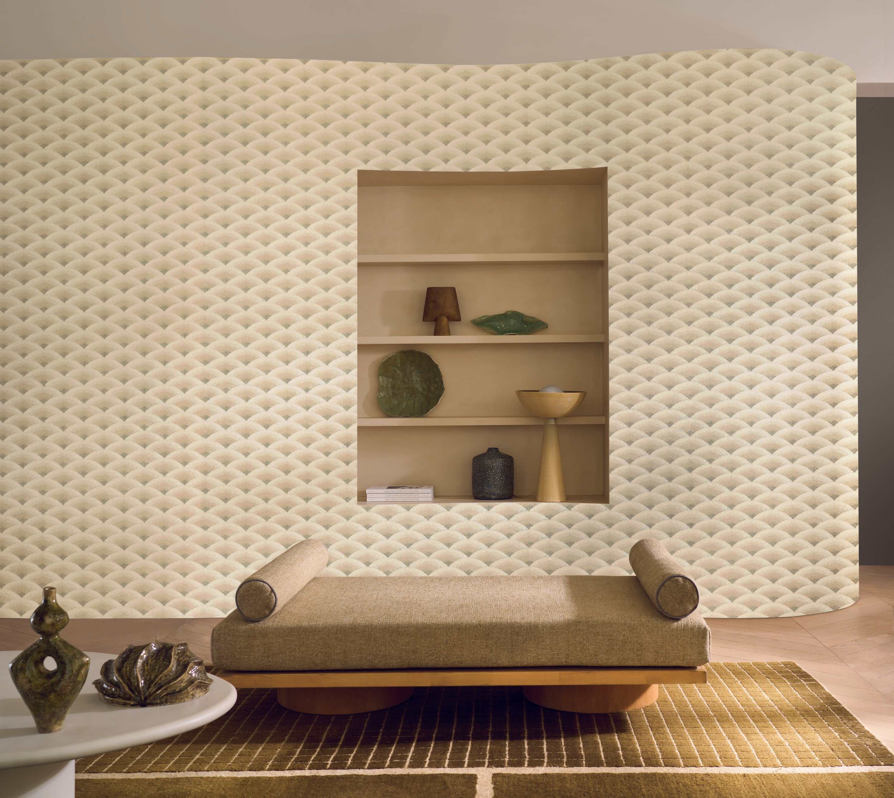 Structural wallpaper imitating geometric embroidery in wave pattern NAMI - BORDEAUX/AMBRE burgundy with beige