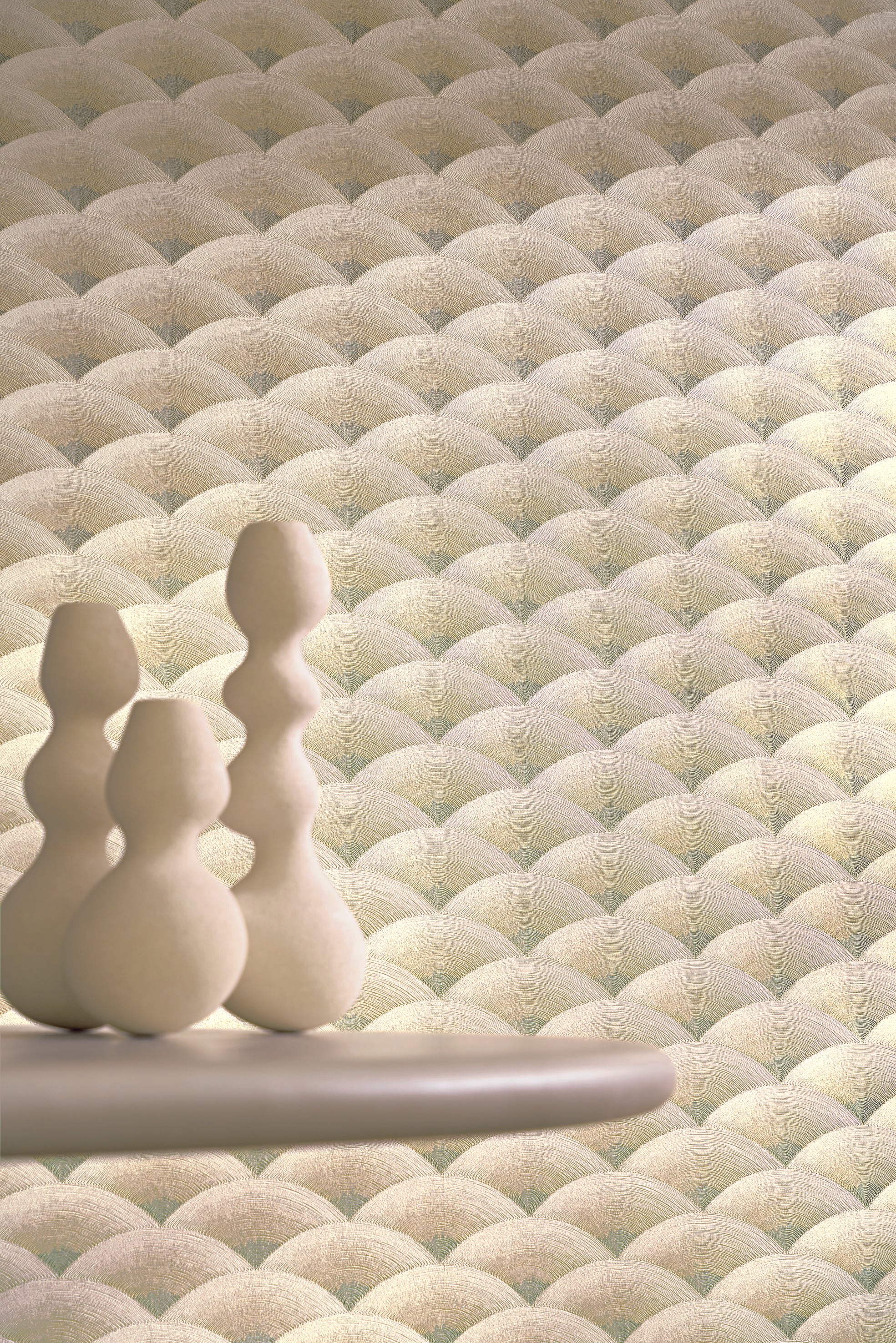 Structural wallpaper imitating geometric embroidery in wave pattern NAMI - BORDEAUX/AMBRE burgundy with beige