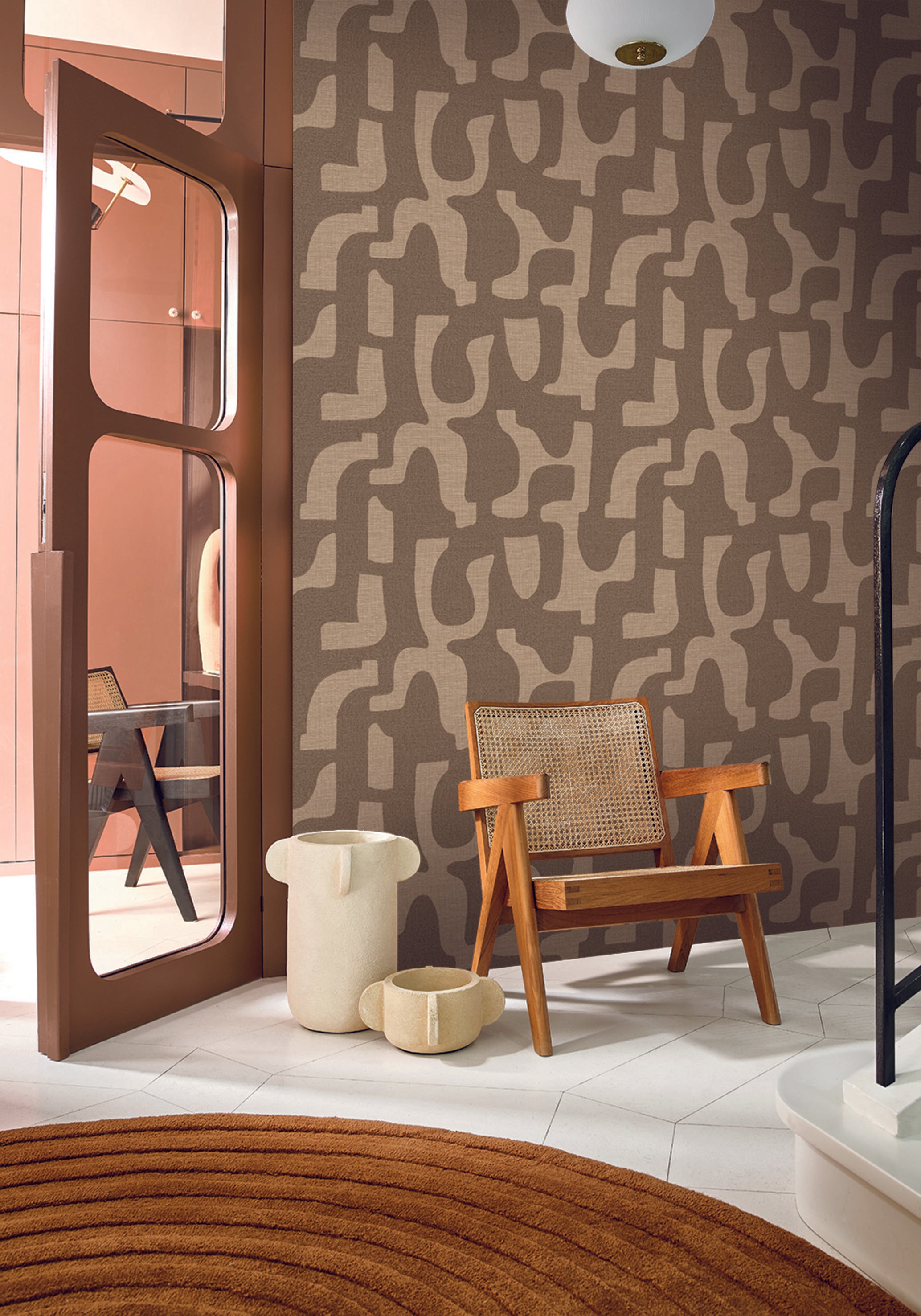 Structural wallpaper imitating fabric in abstract organic shapes SERAN - TRAVERTINE brown
