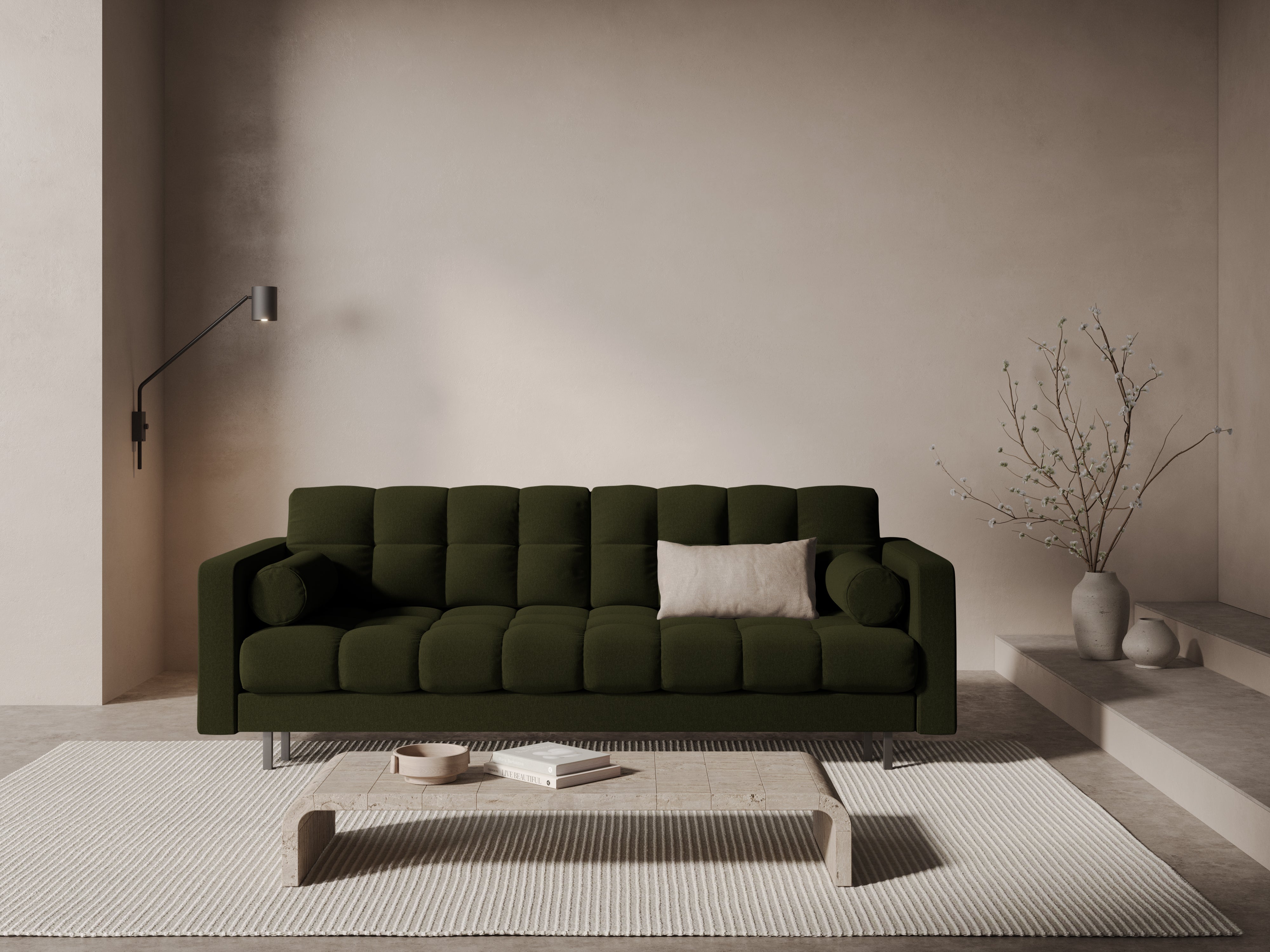 Velvet 3-seater sofa with sleeping function BALI in dark green with a black base