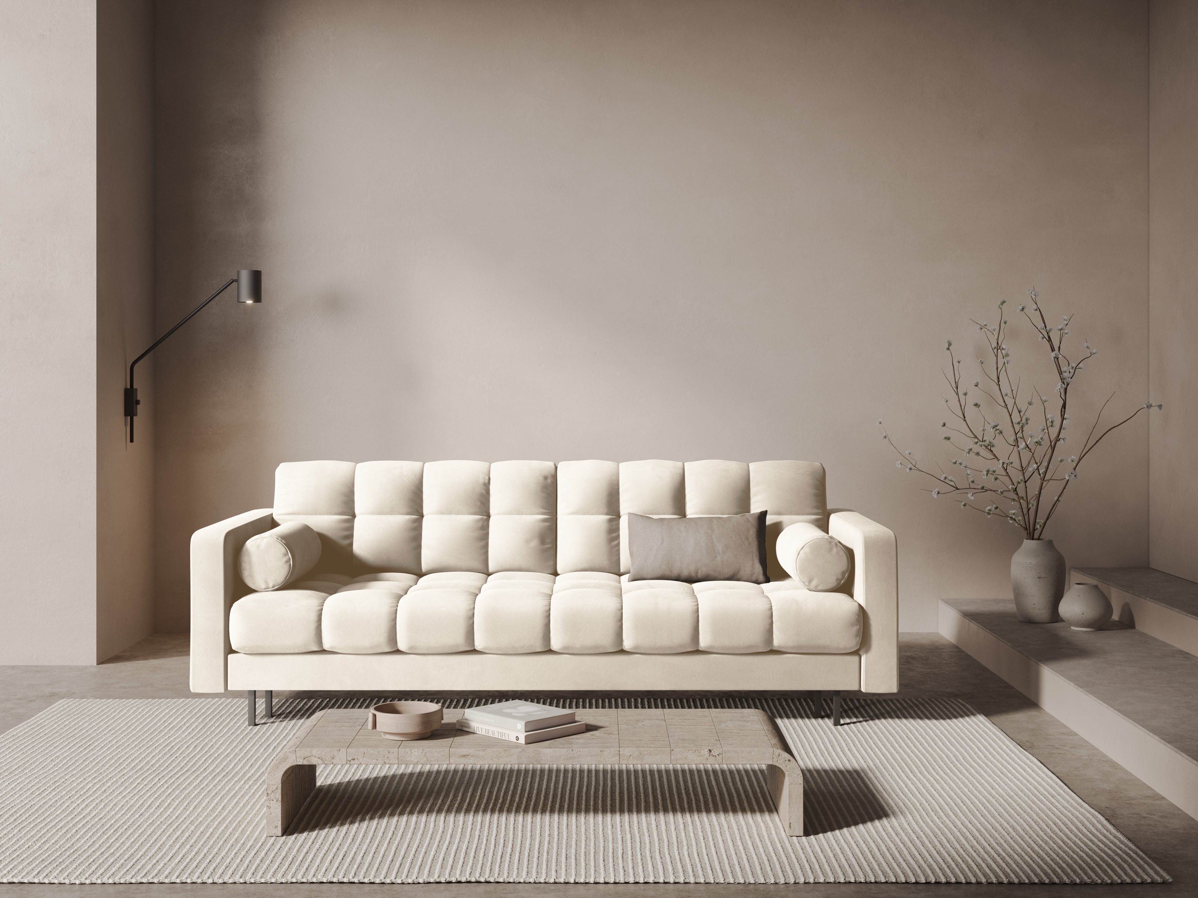 3-seater velvet sofa with sleeping function BALI light beige with black base