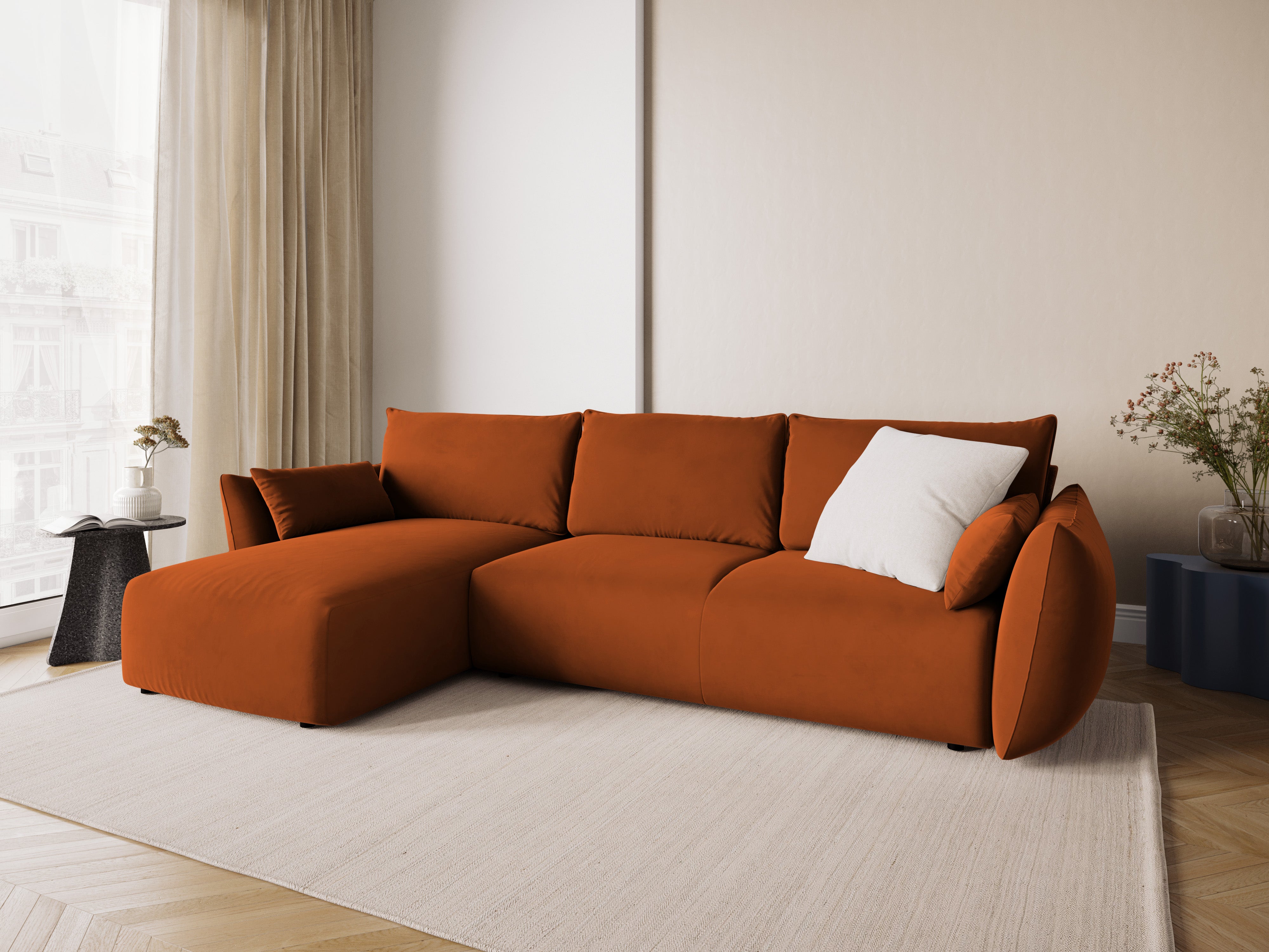 Left-facing velvet corner sofa with sleeping function MATERA brick