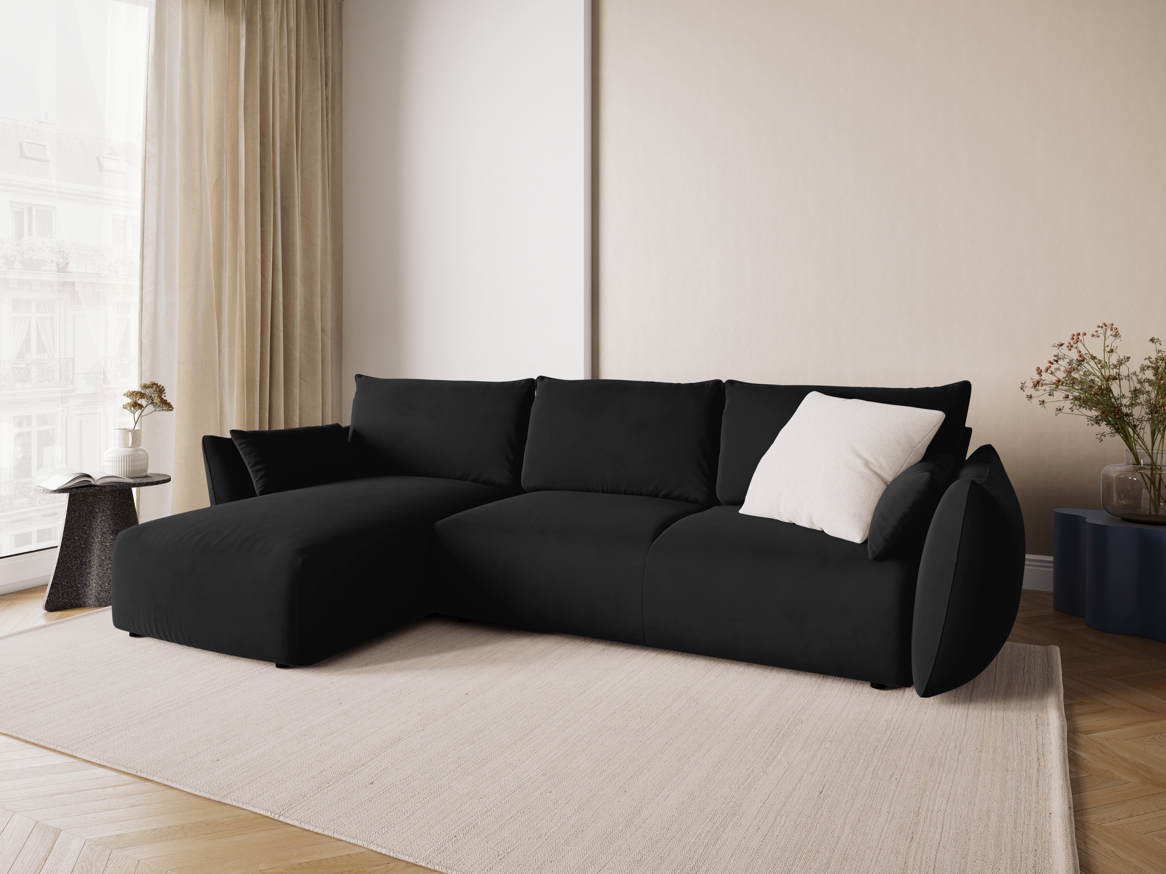 Left-facing velvet corner sofa with sleeping function MATERA black