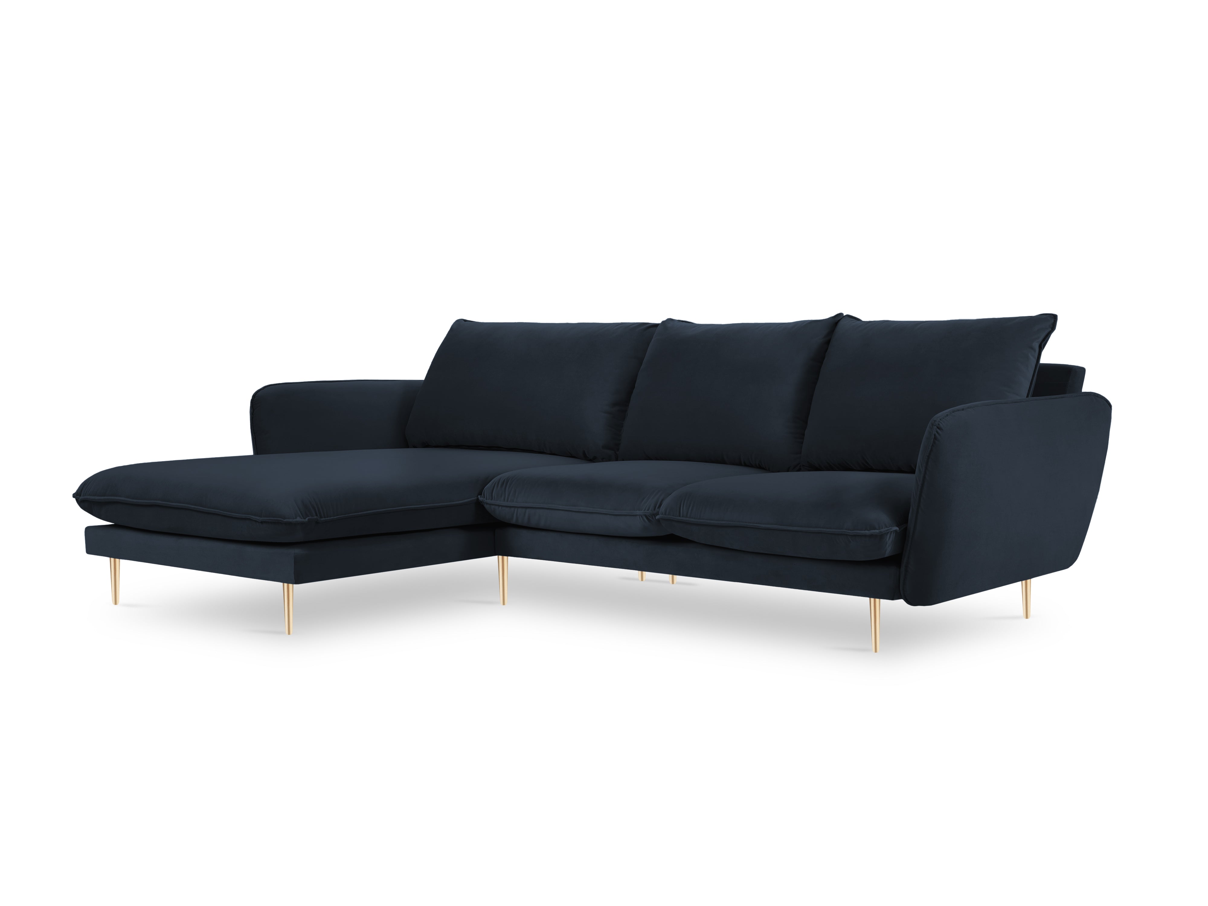 Left-facing velvet corner sofa for 5 people VIENNA in dark blue with a gold base
