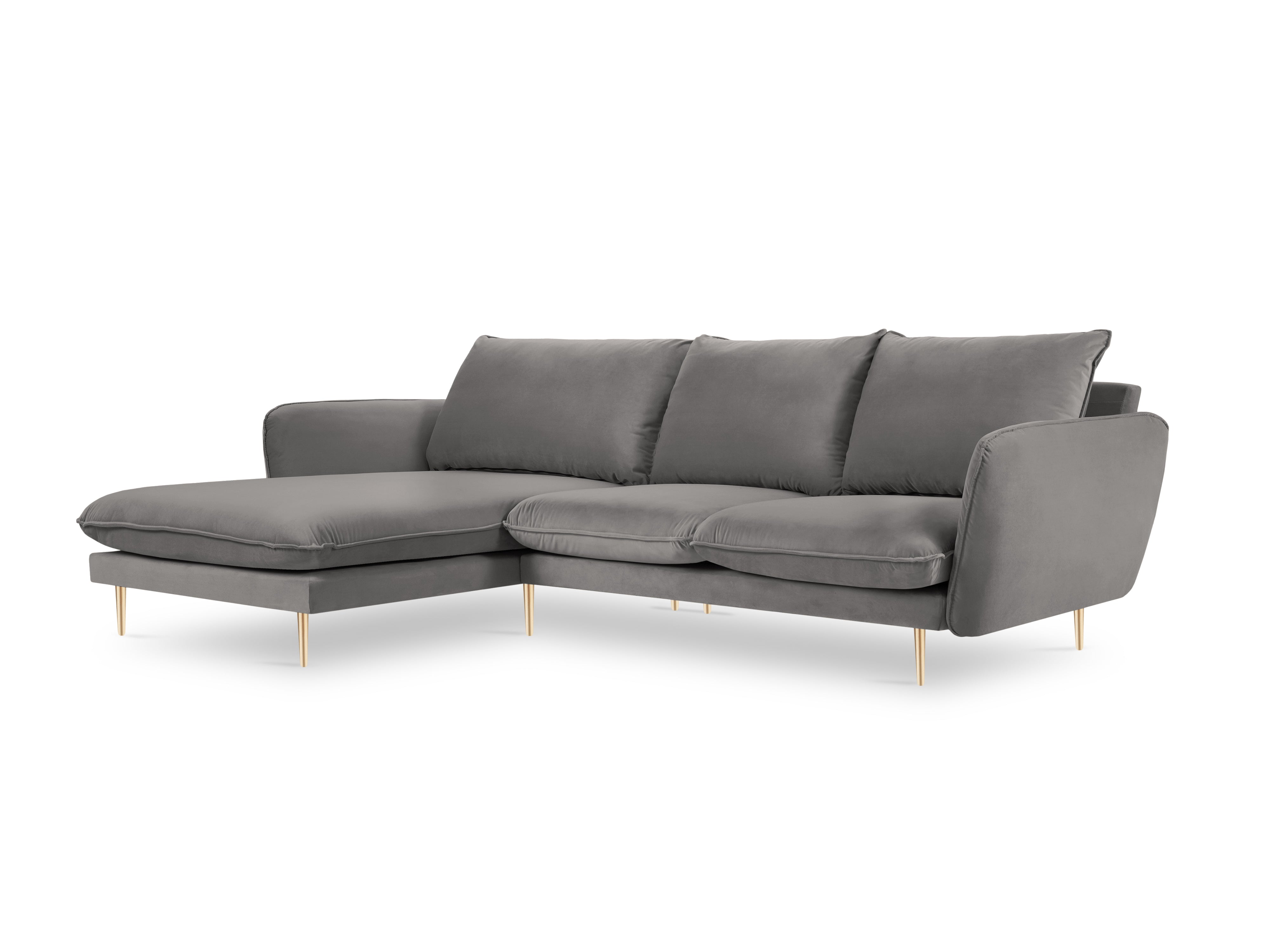 Left-facing velvet corner sofa for 5 people VIENNA in light gray with a gold base