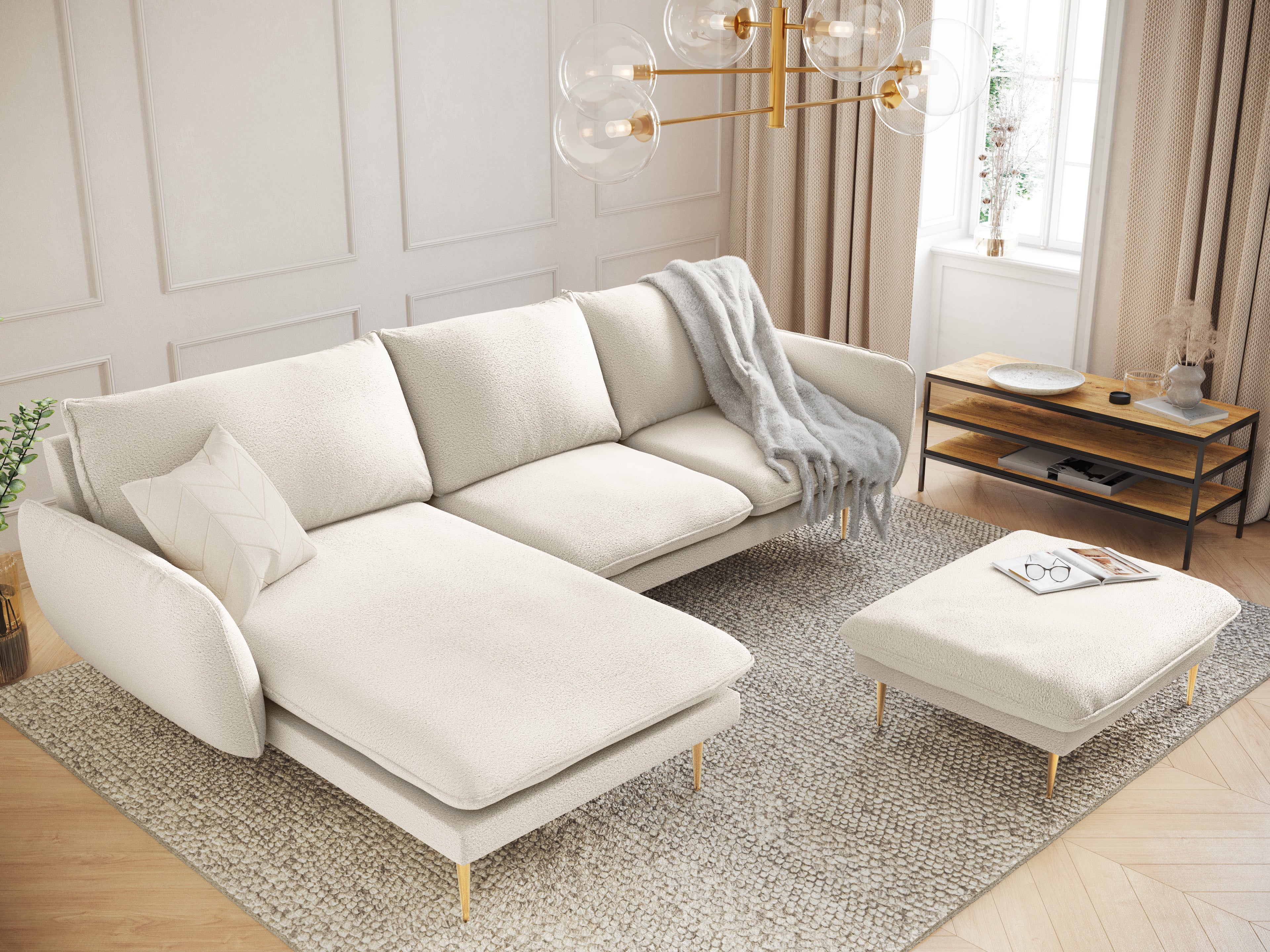 Left-facing 6-seater corner sofa VIENNA in beige boucle with a gold base