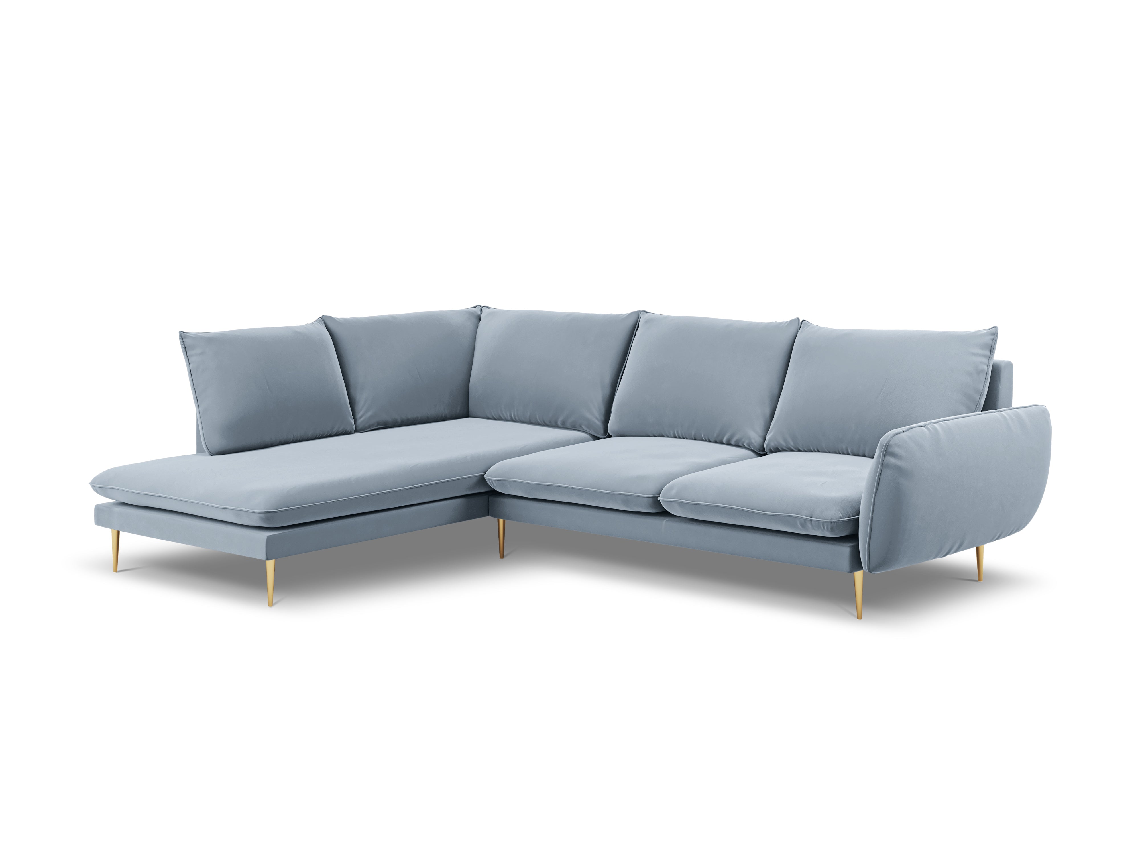 Velvet corner sofa for 6 people, left-facing VIENNA in light blue with a gold base