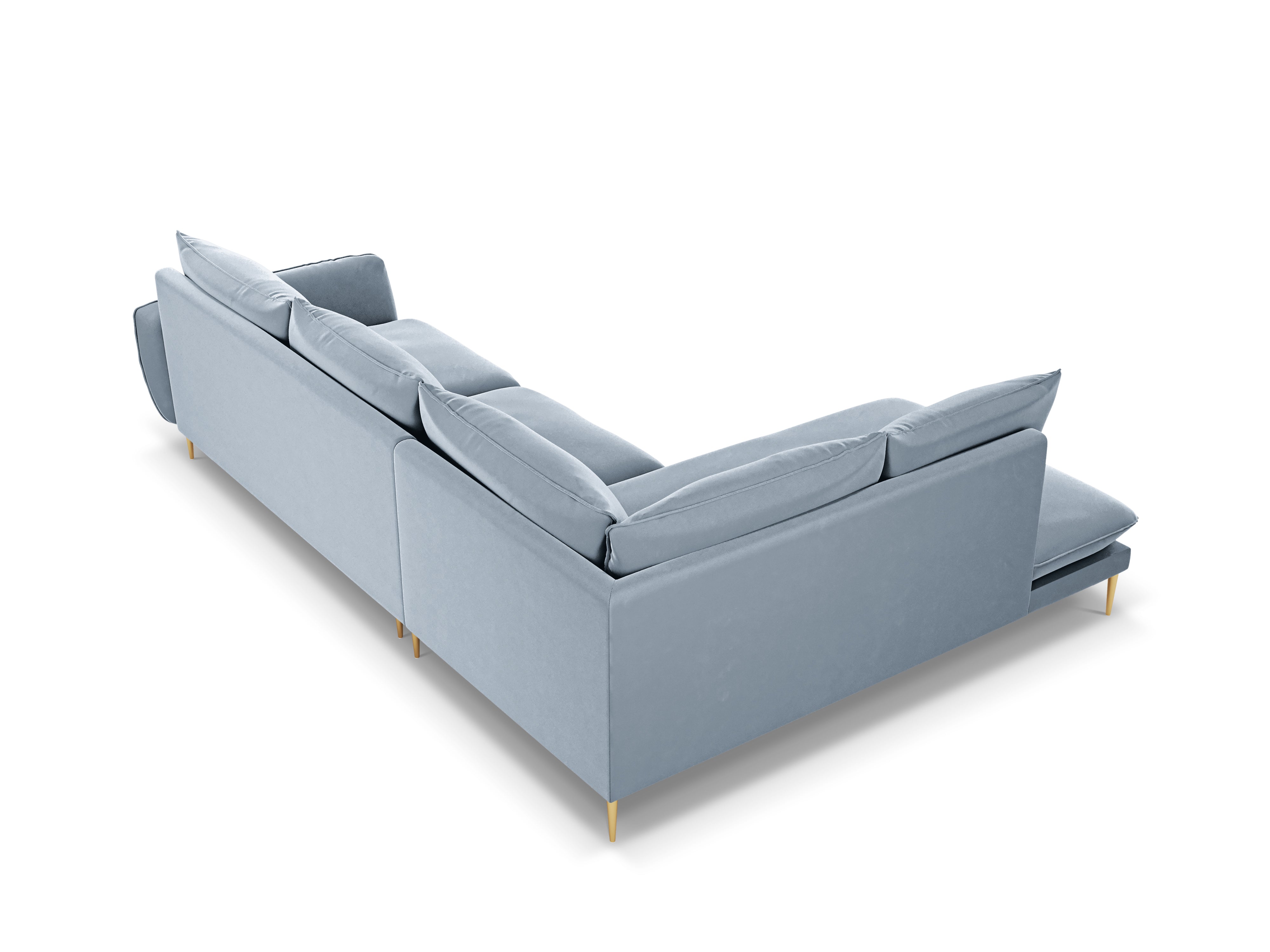 Velvet corner sofa for 6 people, left-facing VIENNA in light blue with a gold base