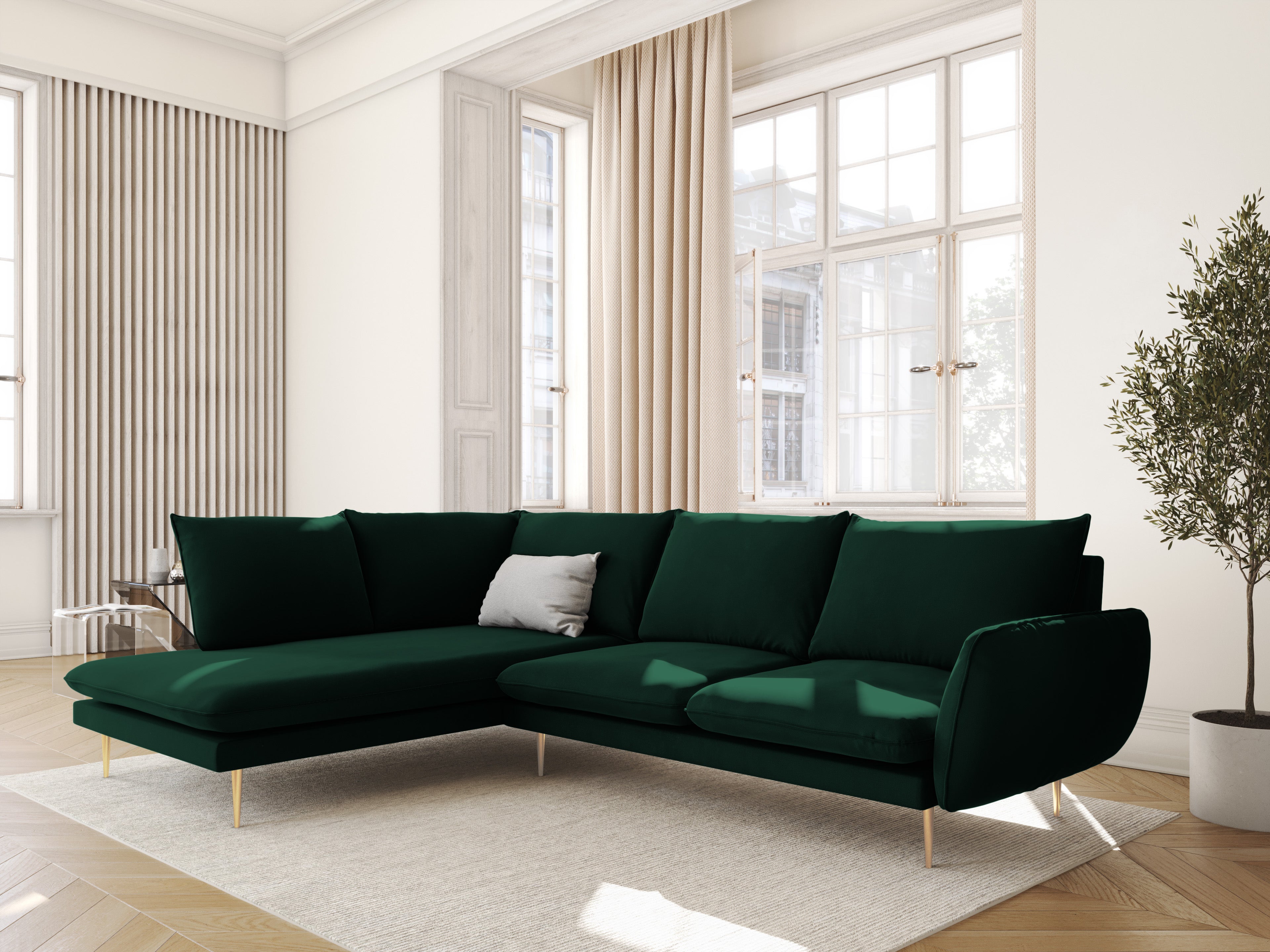 Left-facing velvet corner sofa for 5 people VIENNA in bottle green with a gold base