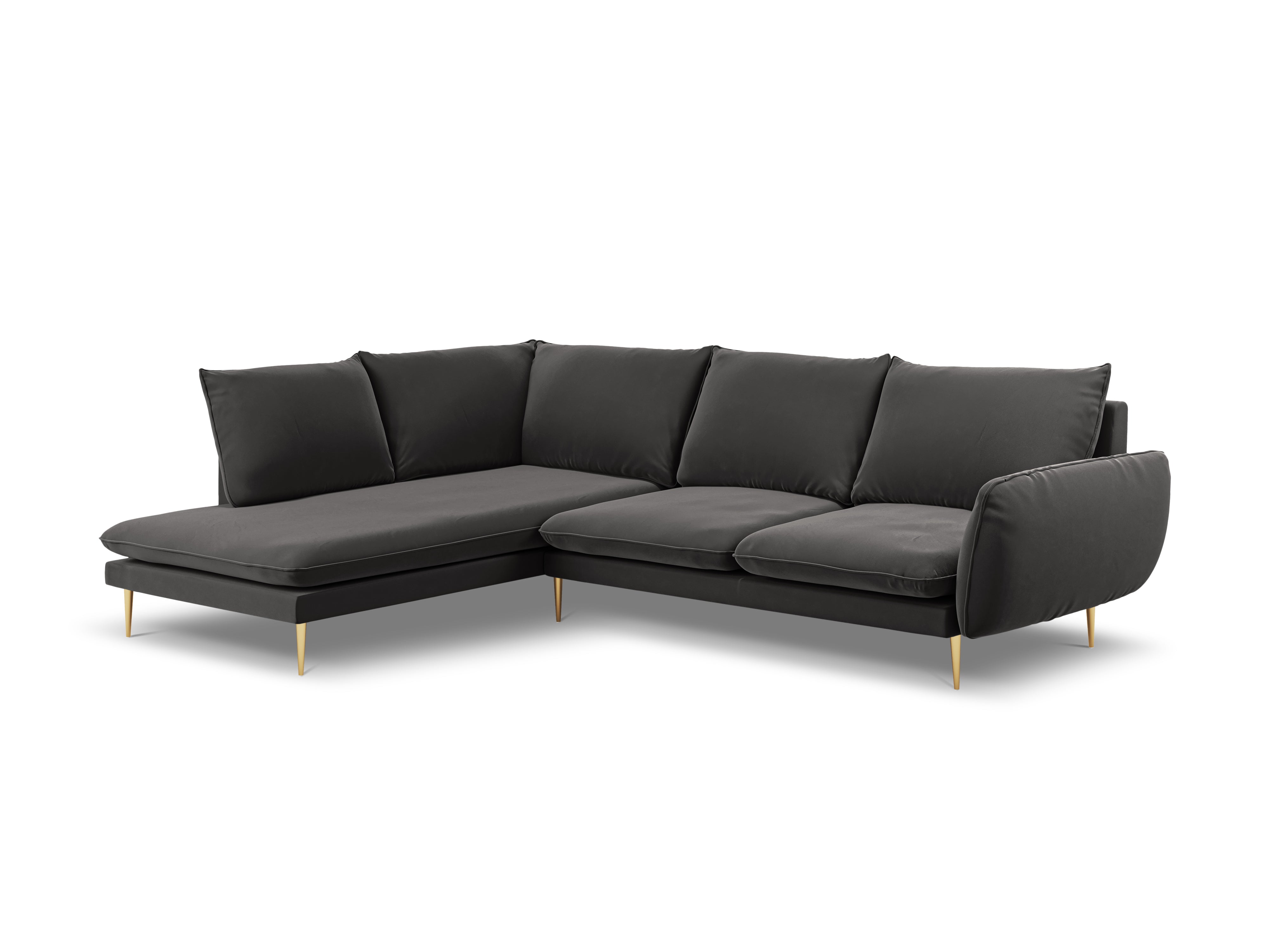 Left-facing velvet corner sofa for 5 people VIENNA in dark gray with a gold base