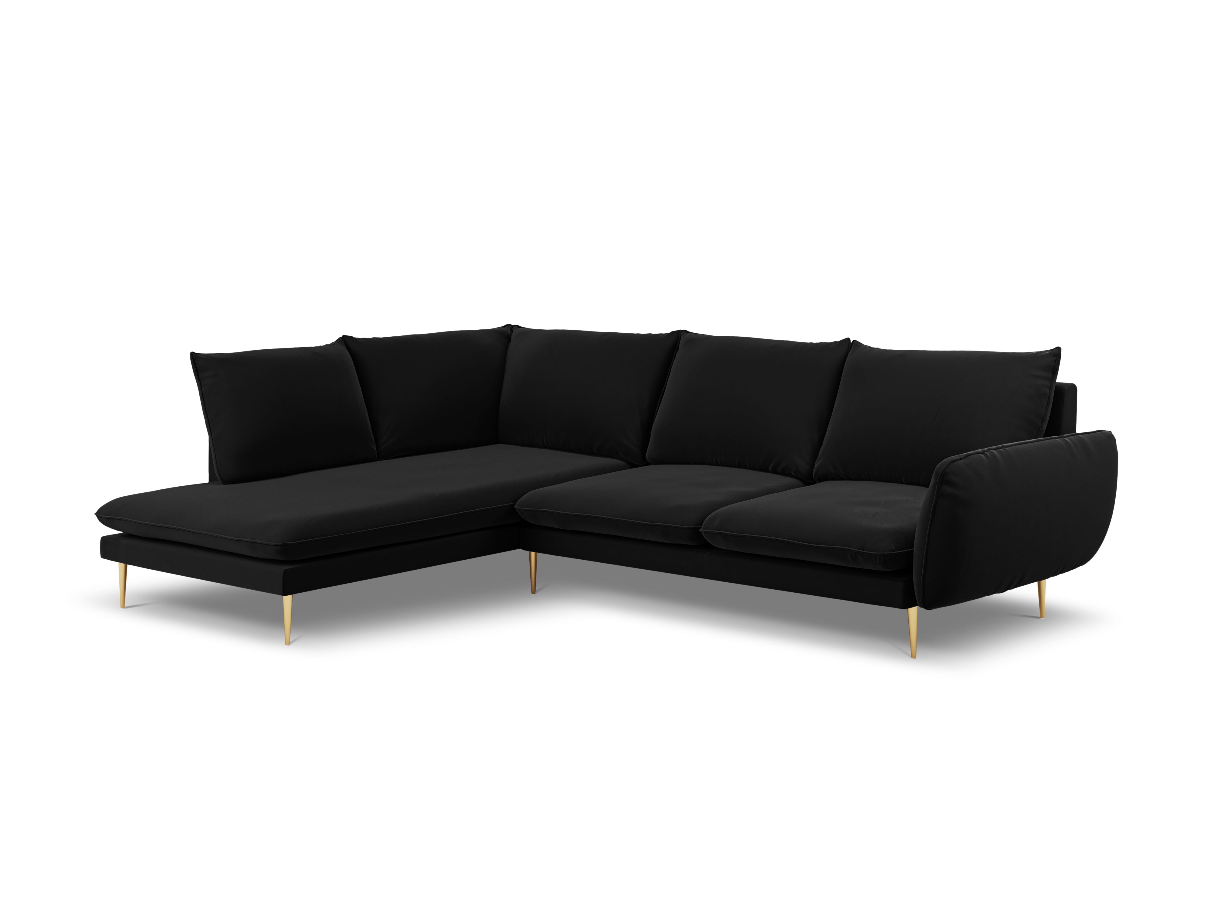 Velvet Corner Sofa for 6 People, Left Side, VIENNA, Black with Gold Base