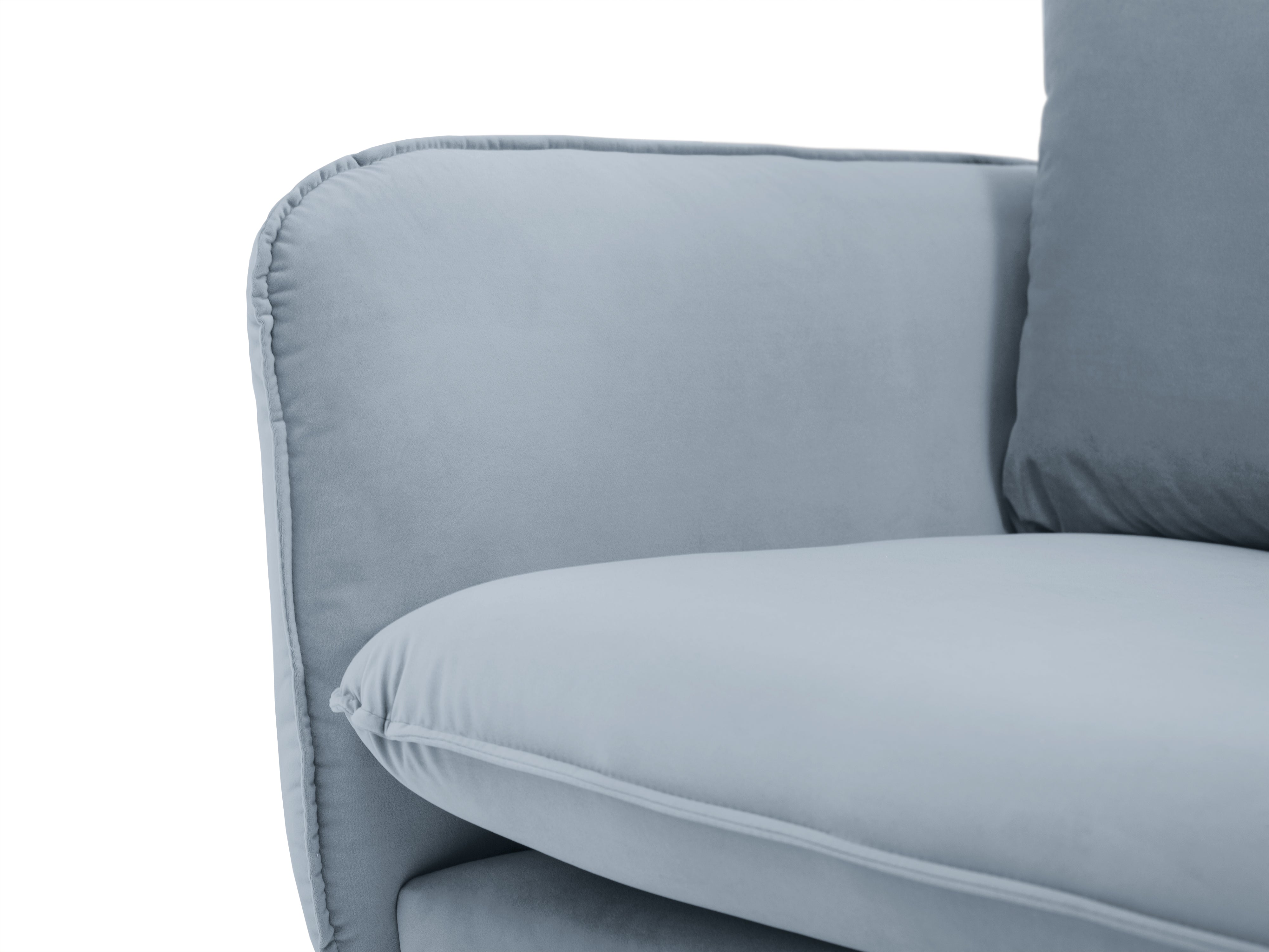 Samt-Ecksofa für 6 Personen links VIENNA hellblau mit schwarzem Fuß