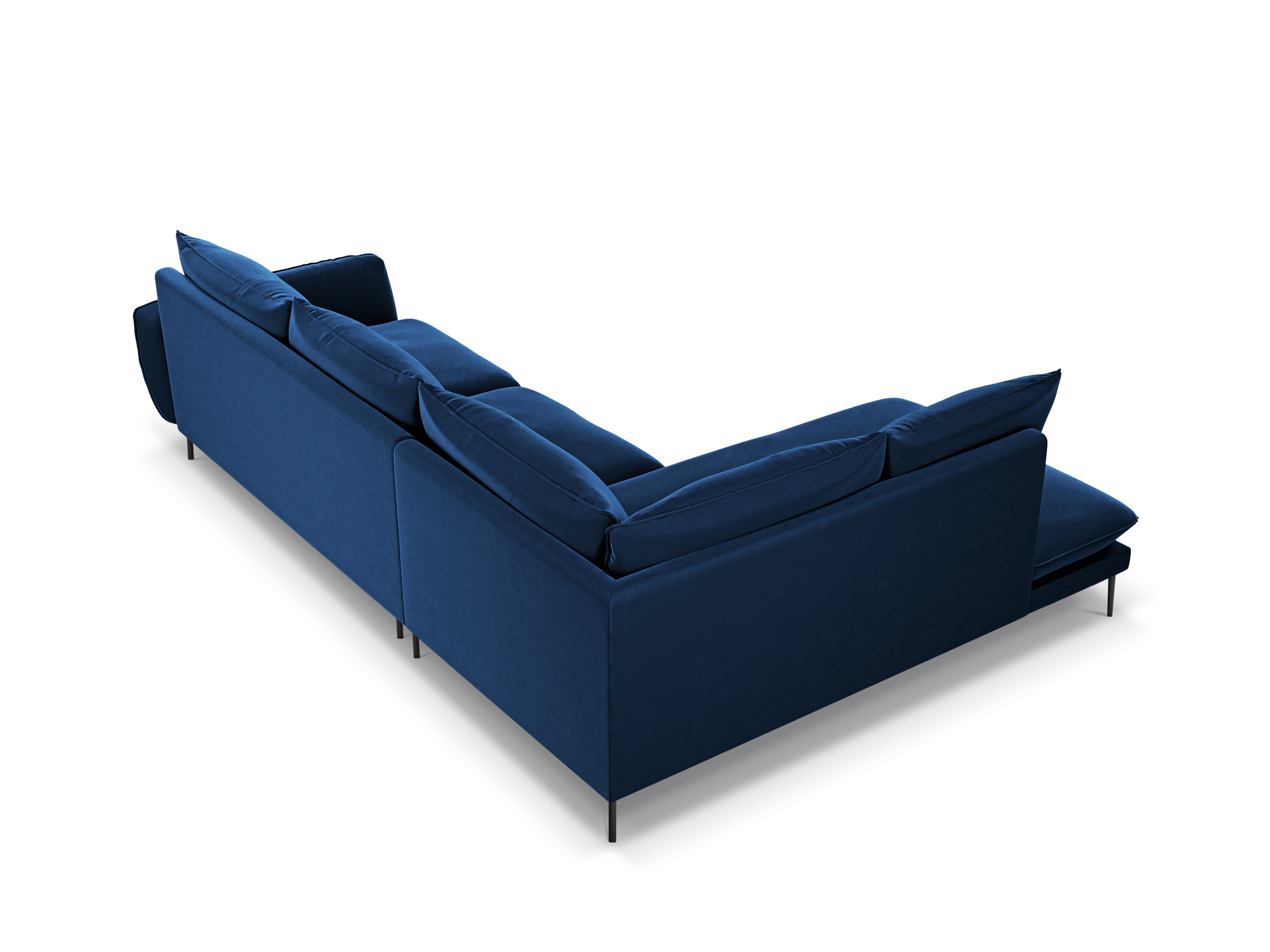 Velvet corner sofa for 6 people, left-facing VIENNA in royal blue with a black base