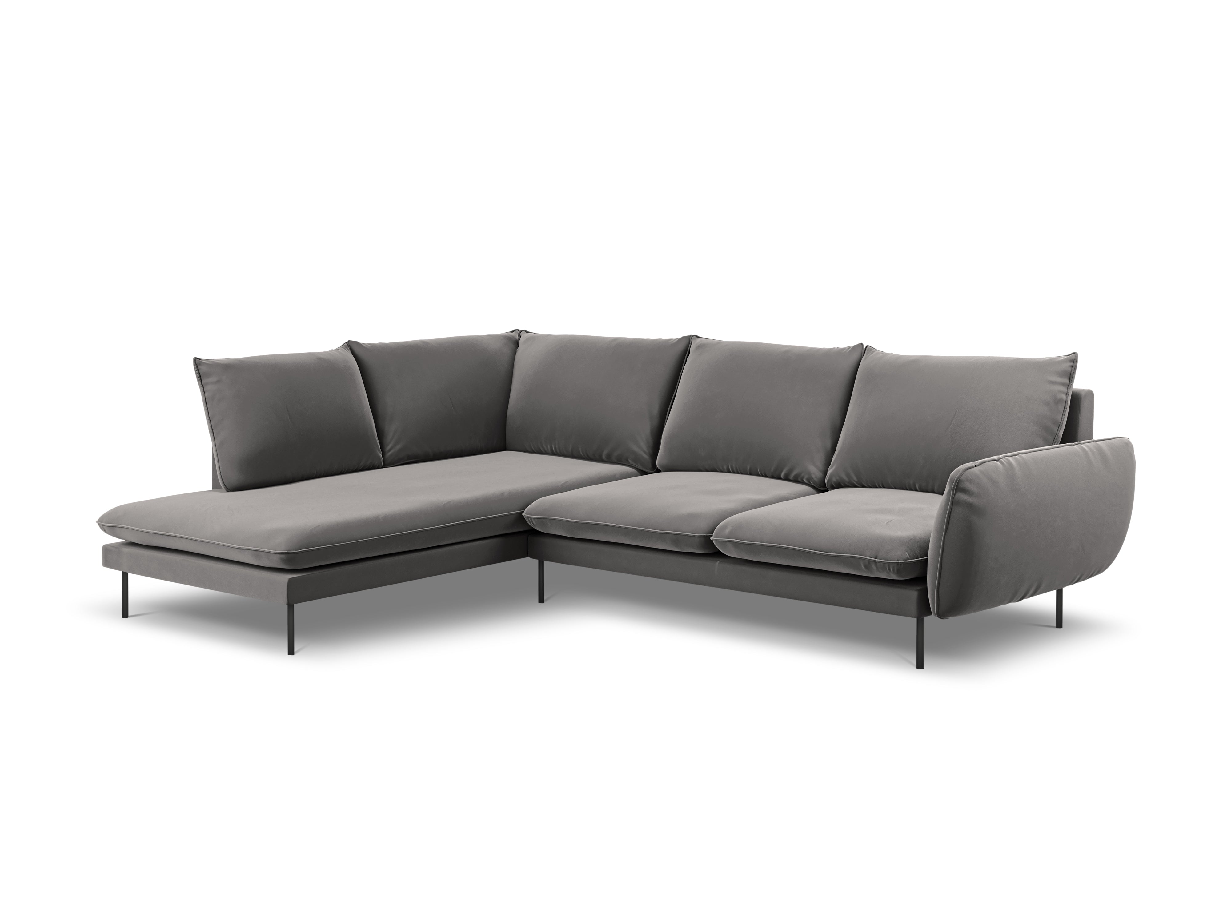 Left-facing velvet corner sofa for 5 people VIENNA in light gray with a black base