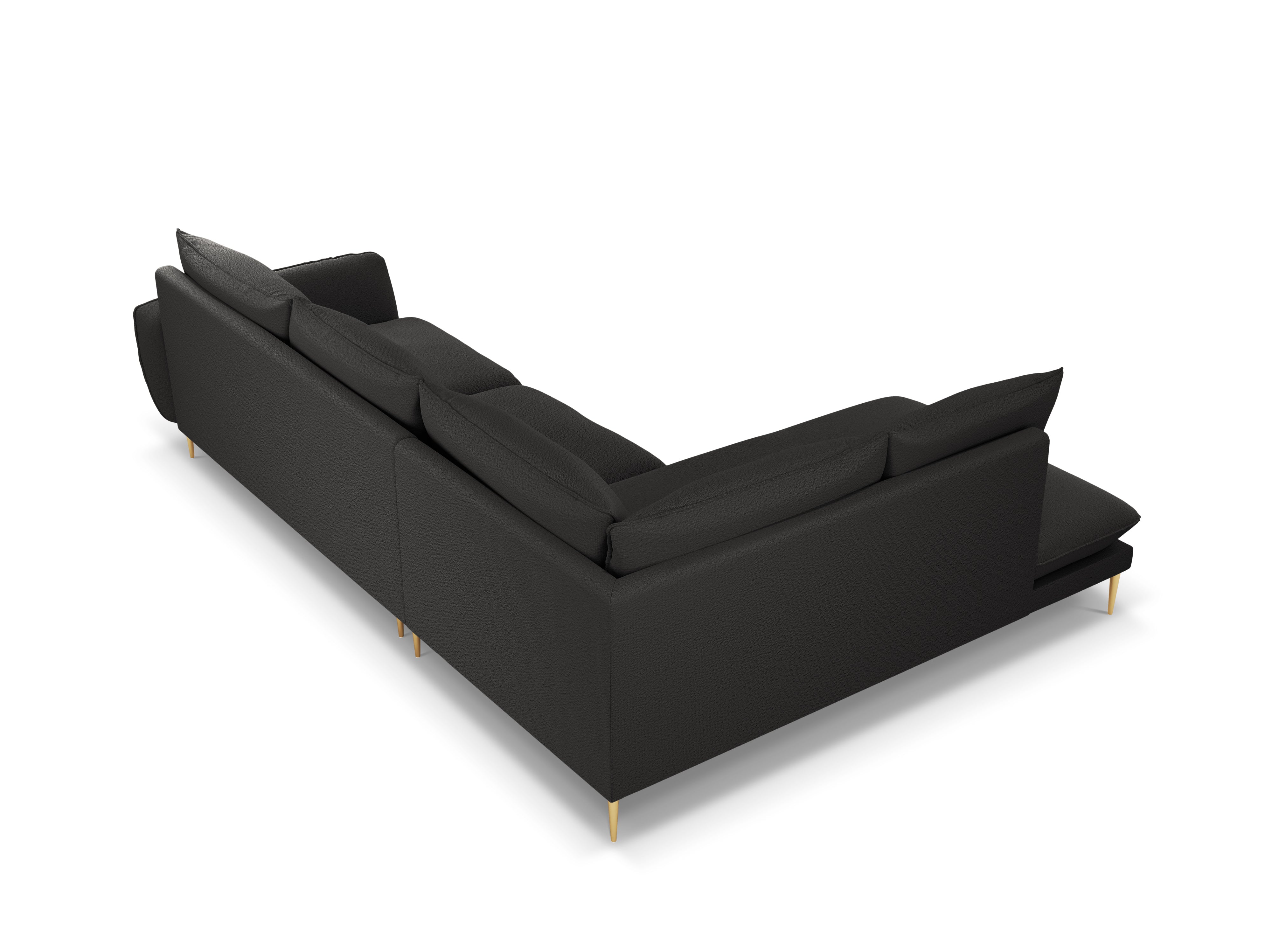 Left-facing 6-seater corner sofa VIENNA in black boucle with a gold base