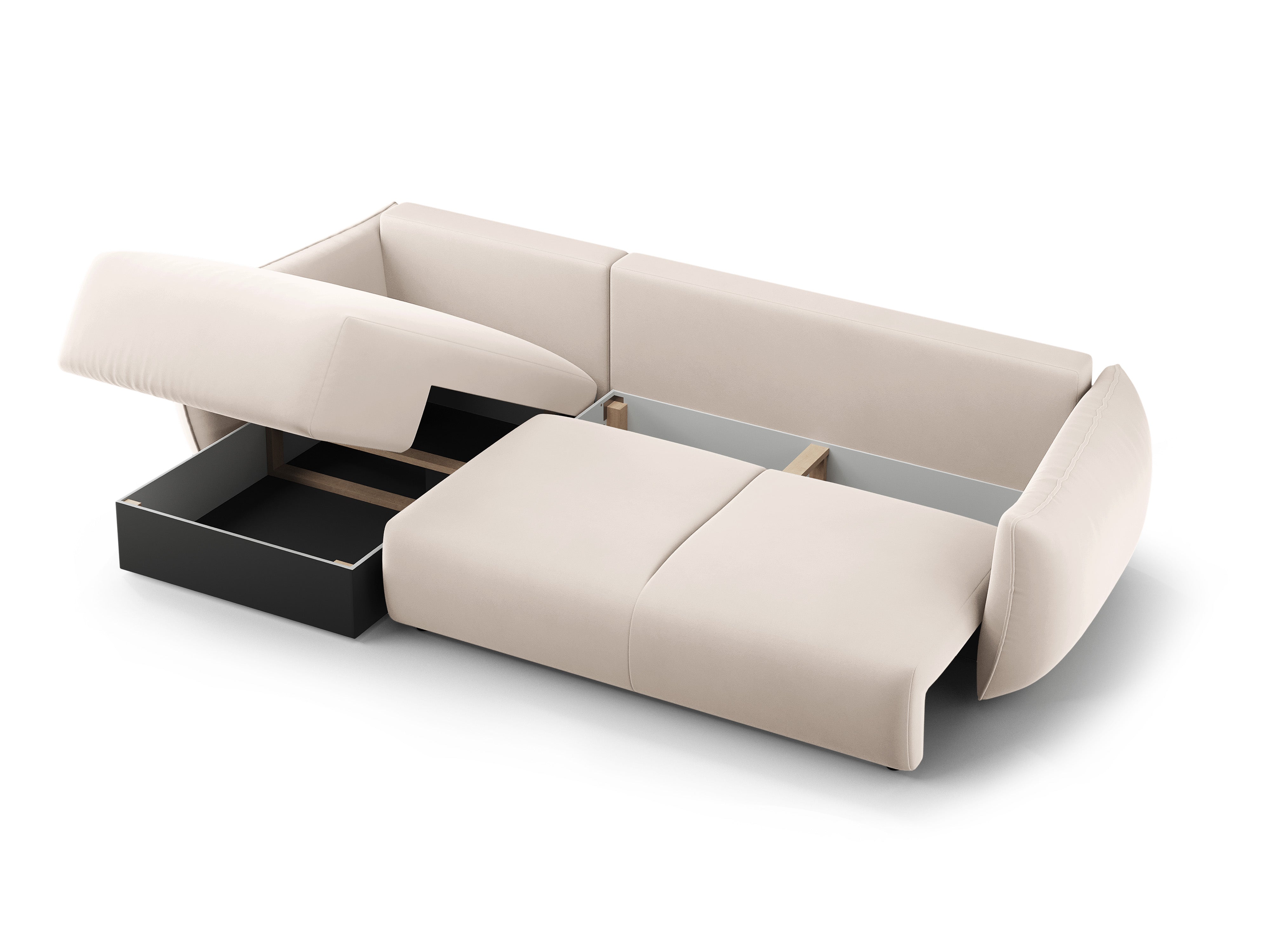 Beige right-facing velvet corner sofa with sleeping function MATERA