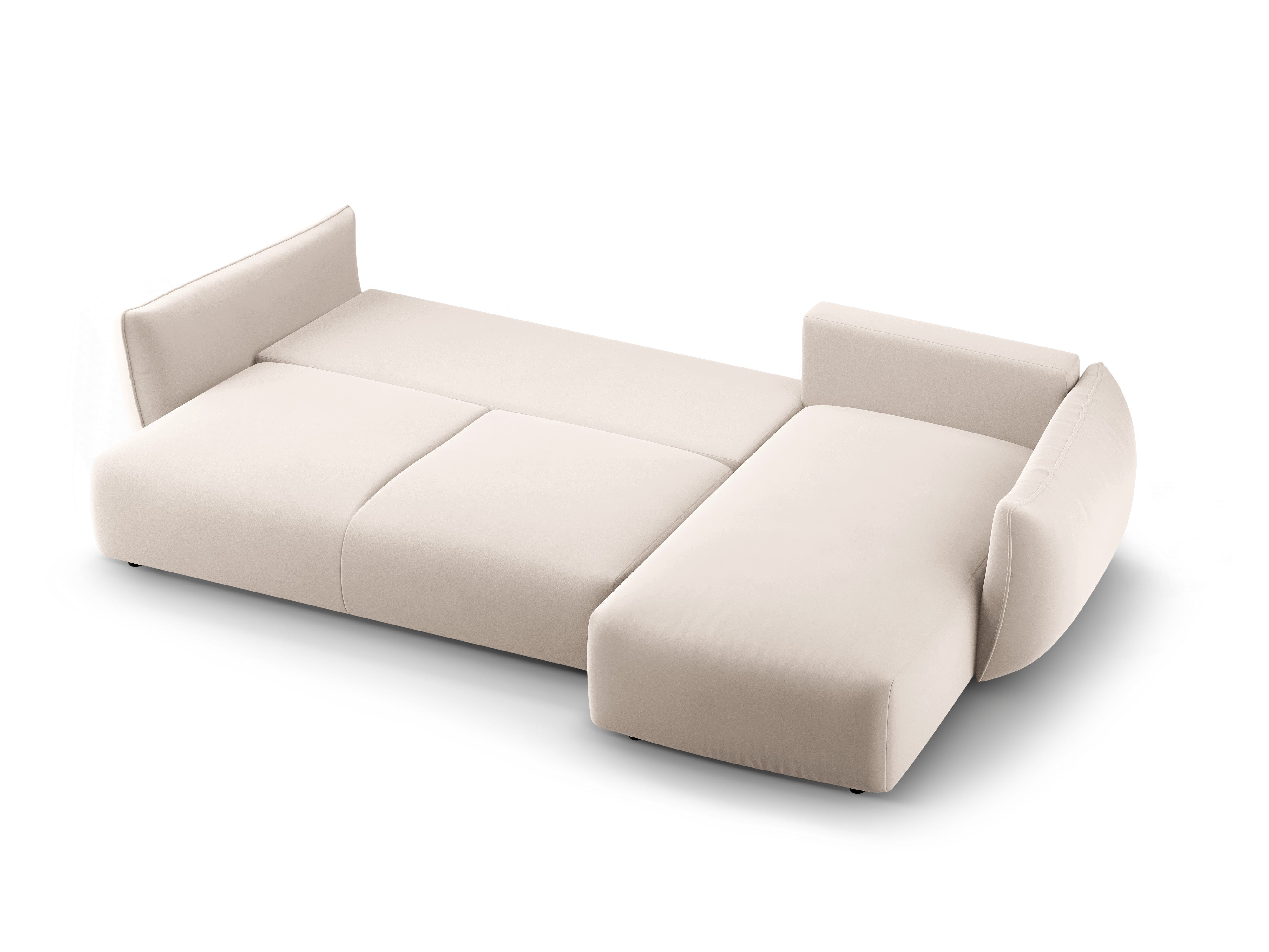 Beige right-facing velvet corner sofa with sleeping function MATERA