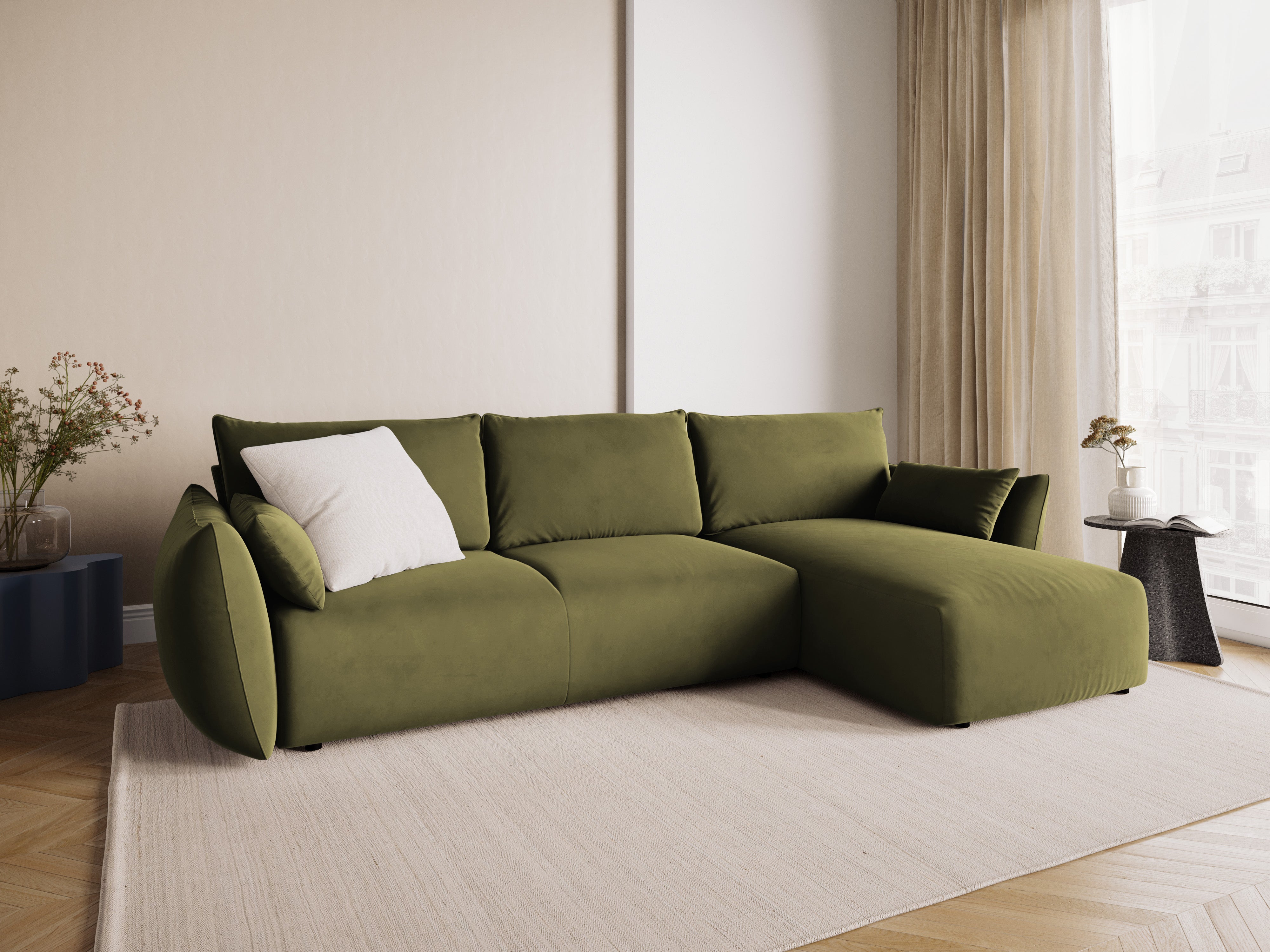 Right-facing velvet corner sofa with sleeping function MATERA olive