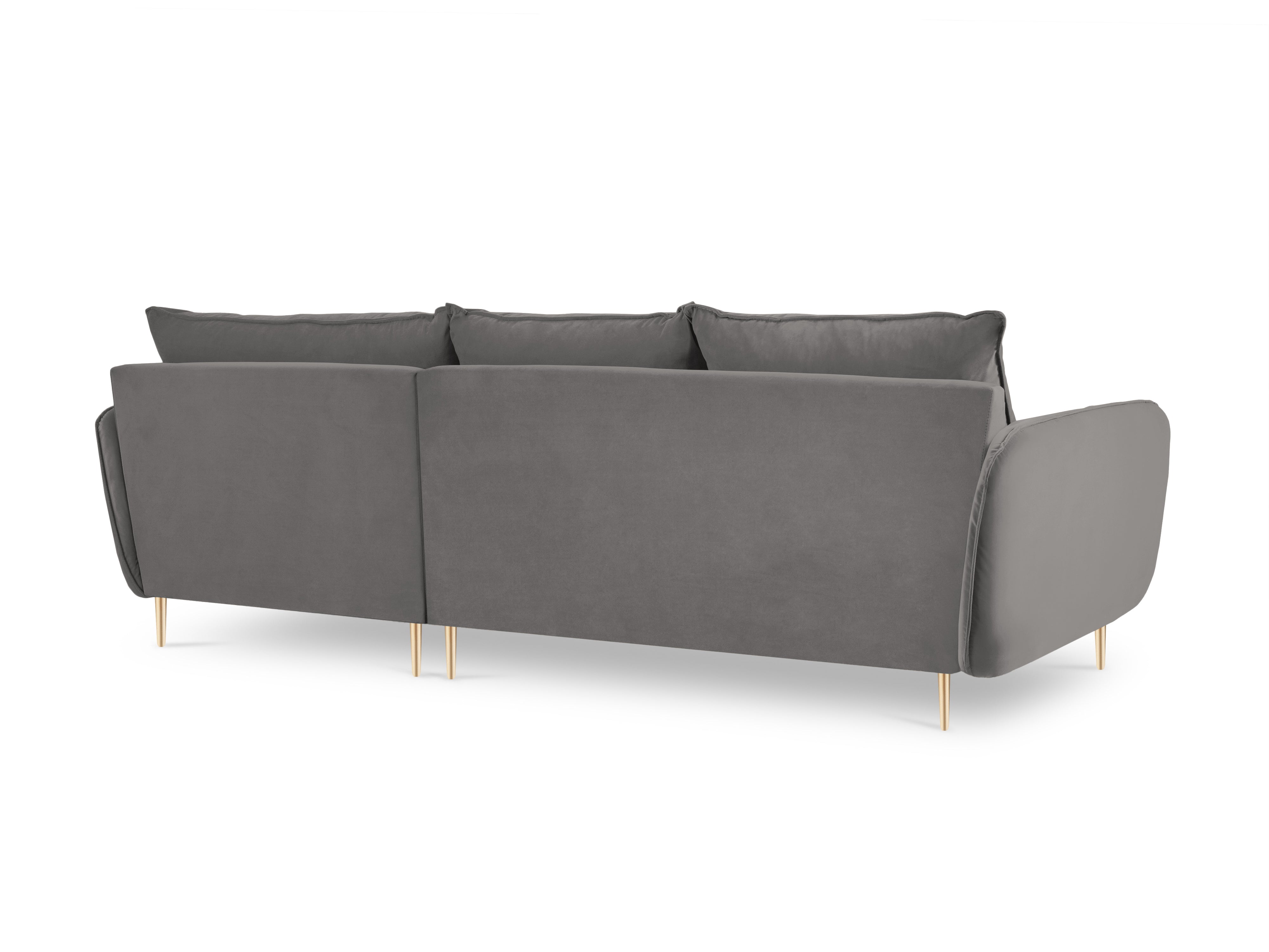Velvet corner sofa, right-facing, 5-seater VIENNA in light gray with a gold base