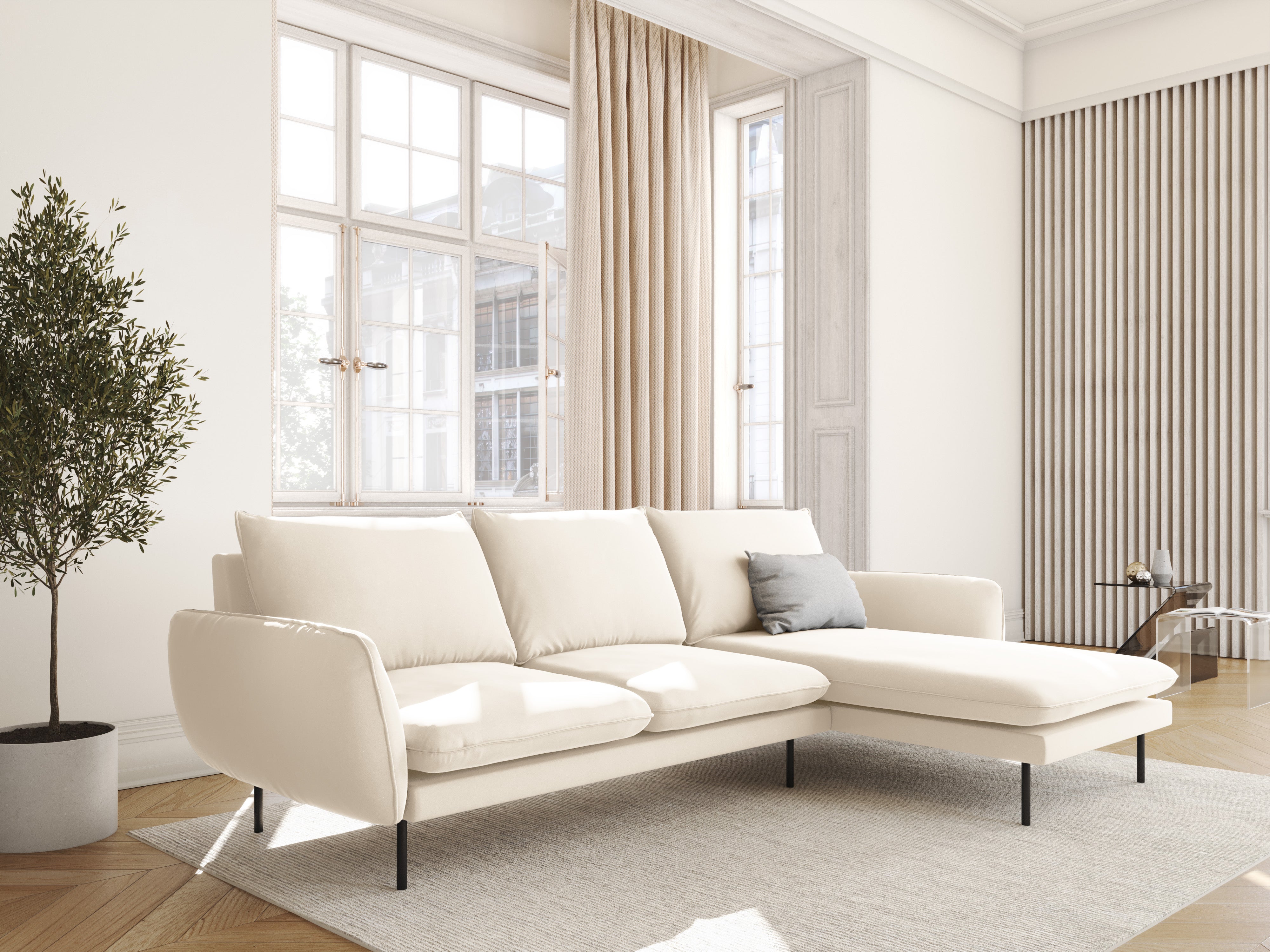 Beige Samt-Ecksofa für 5 Personen VIENNA mit schwarzem Fuß