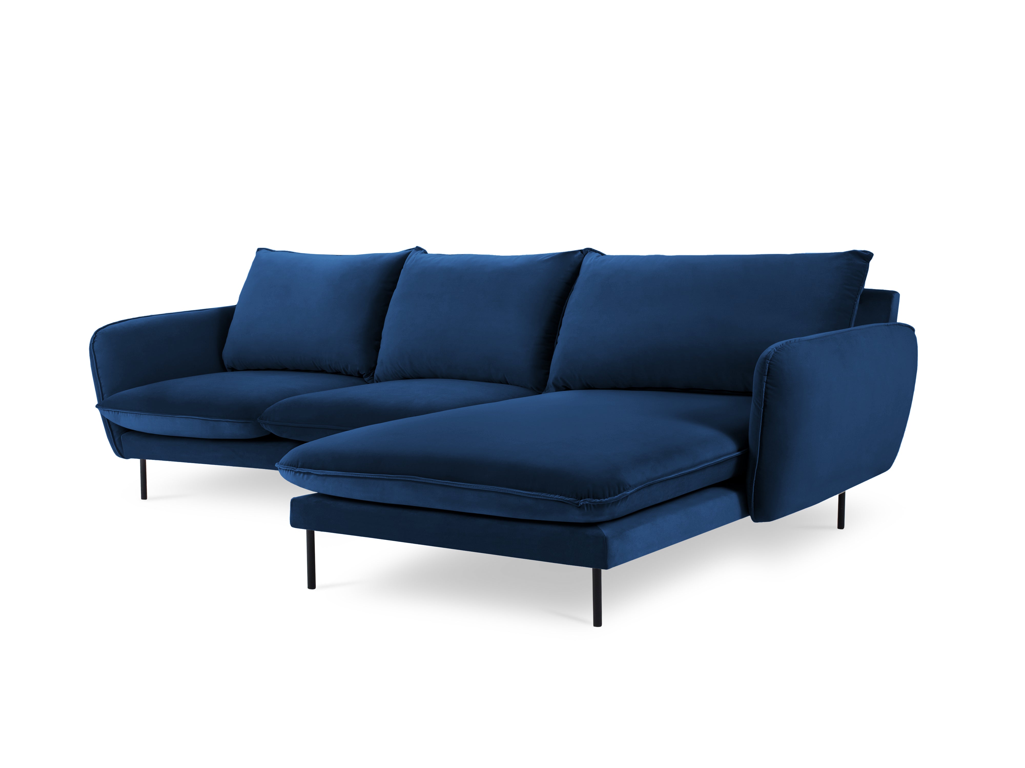Right-facing velvet corner sofa for 5 people VIENNA in royal blue with a black base