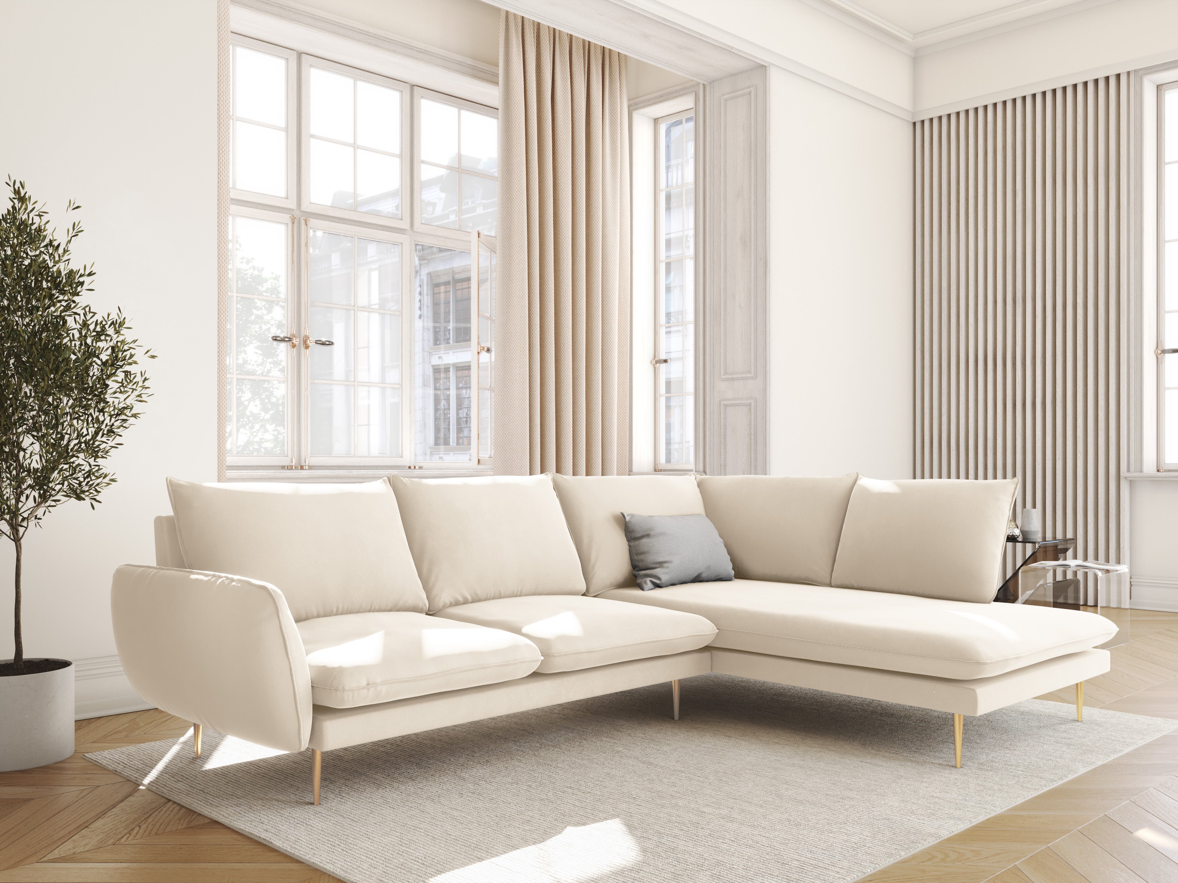 Beige Samt-Ecksofa für 5 Personen VIENNA mit goldener Basis