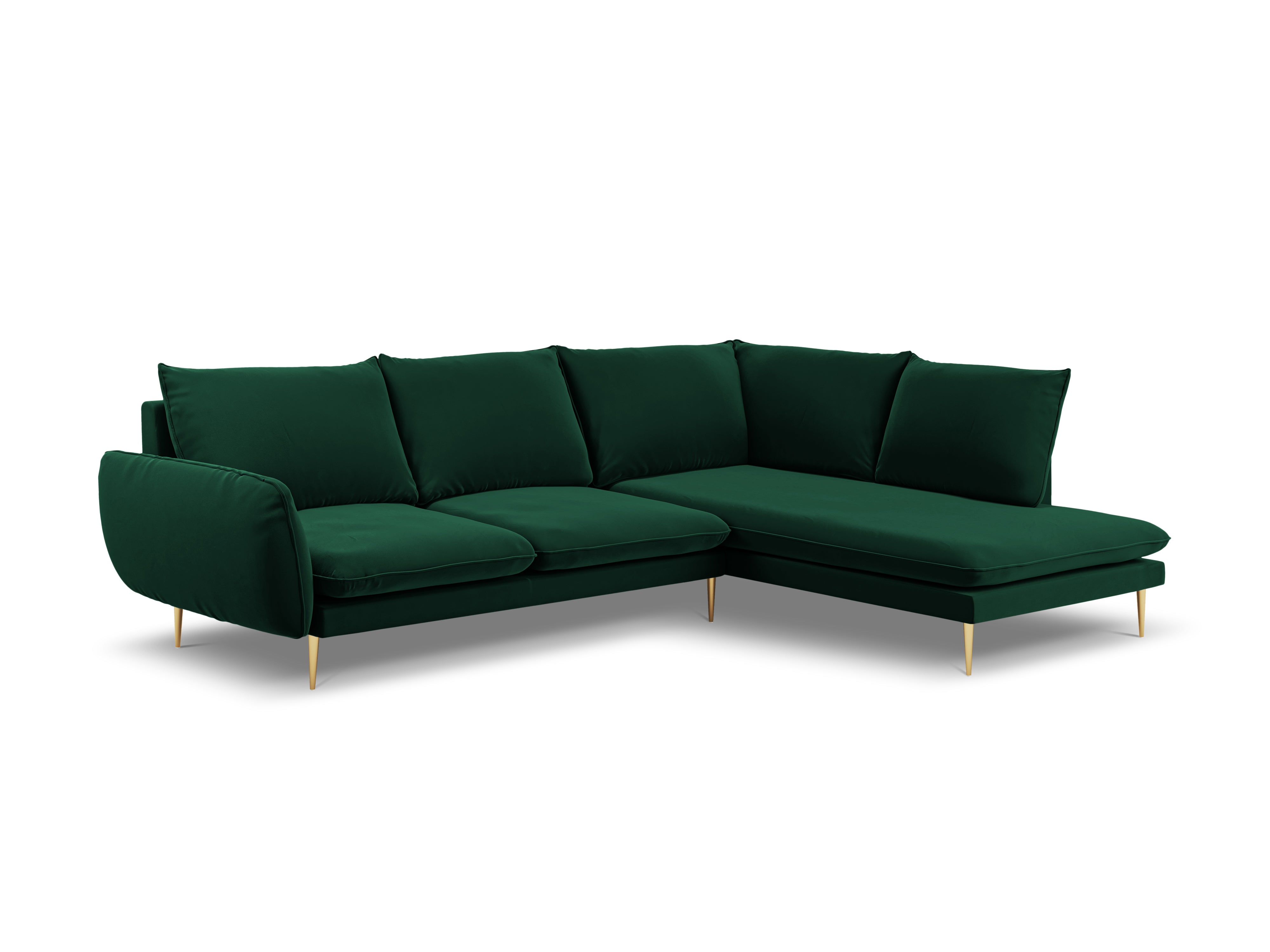 Velvet corner sofa for 6 people, right-facing, VIENNA in bottle green with a gold base