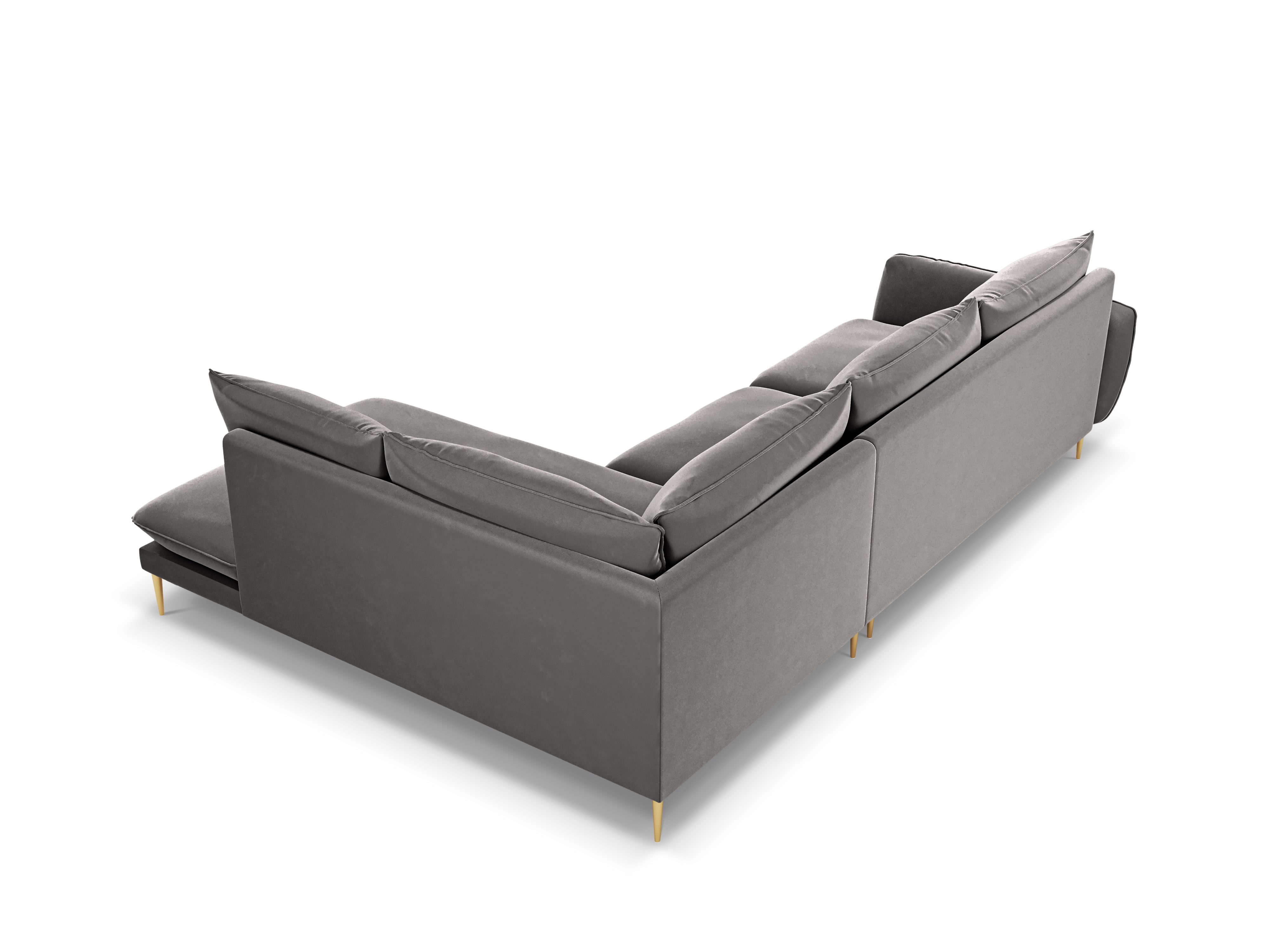 Velvet corner sofa, right-facing, 5-seater VIENNA in light gray with a gold base