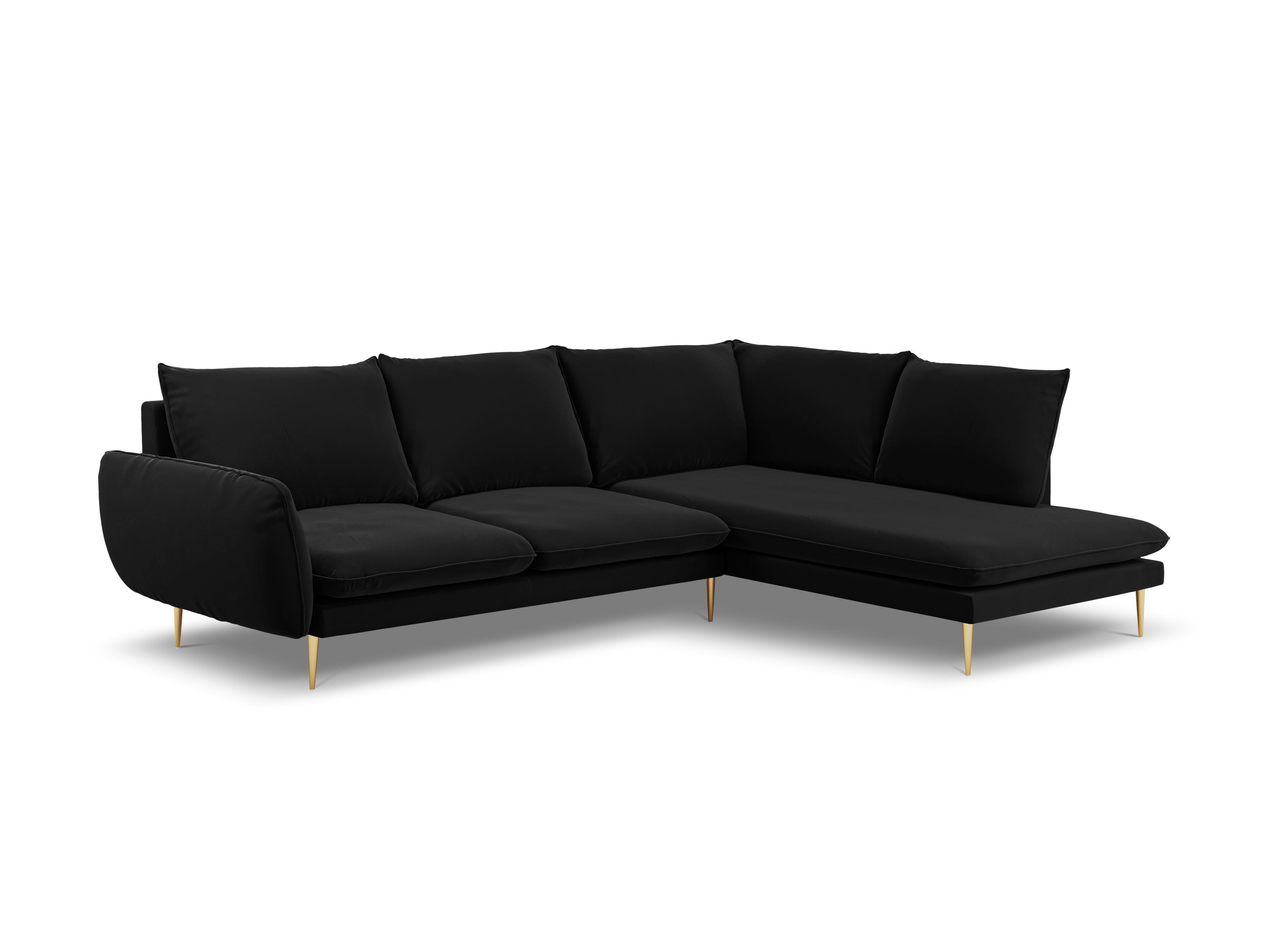 Velvet corner sofa for 6 people, right-facing, VIENNA, black with a gold base