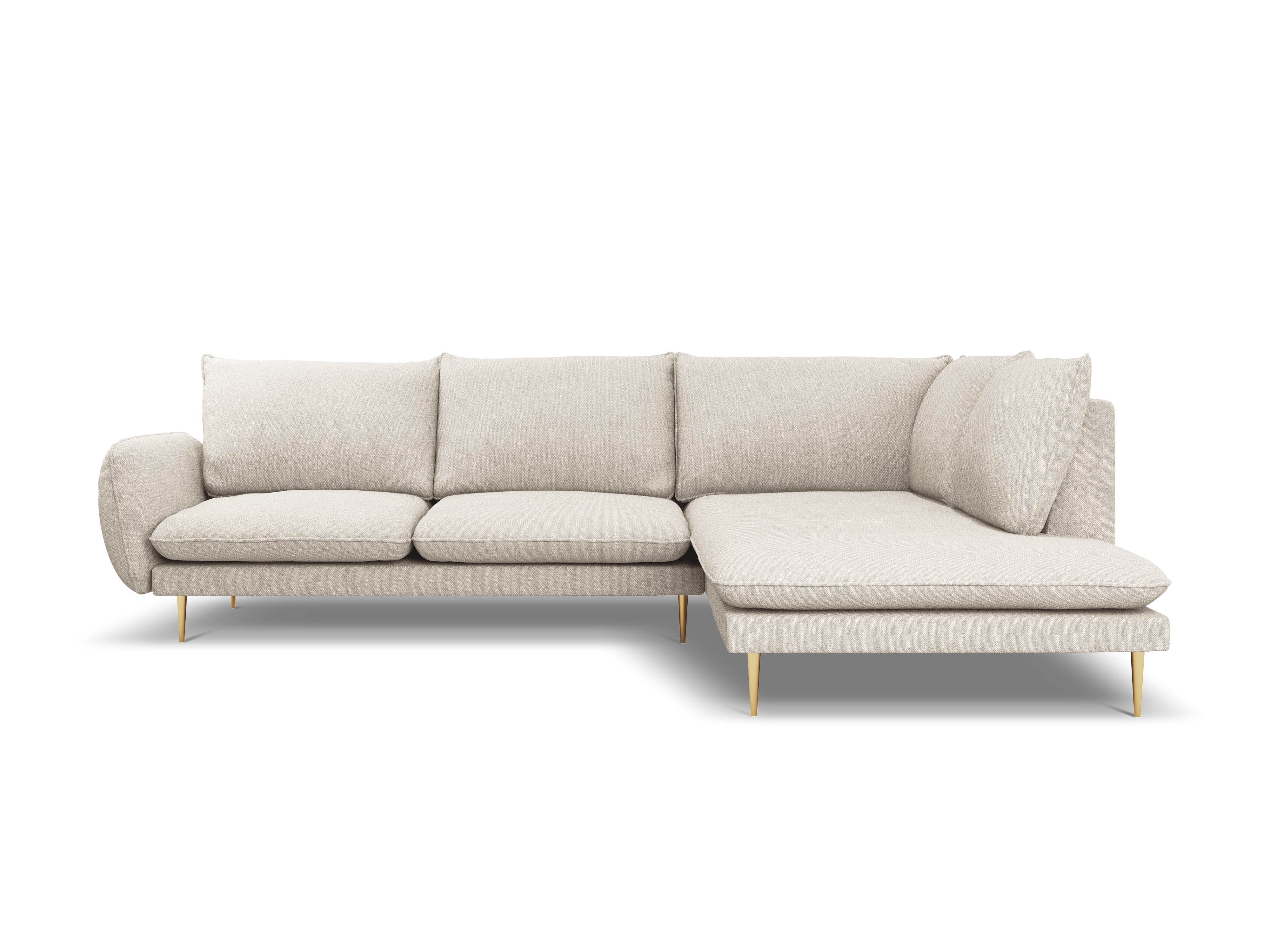 Right-facing 6-seater corner sofa VIENNA in light beige chenille with a gold base