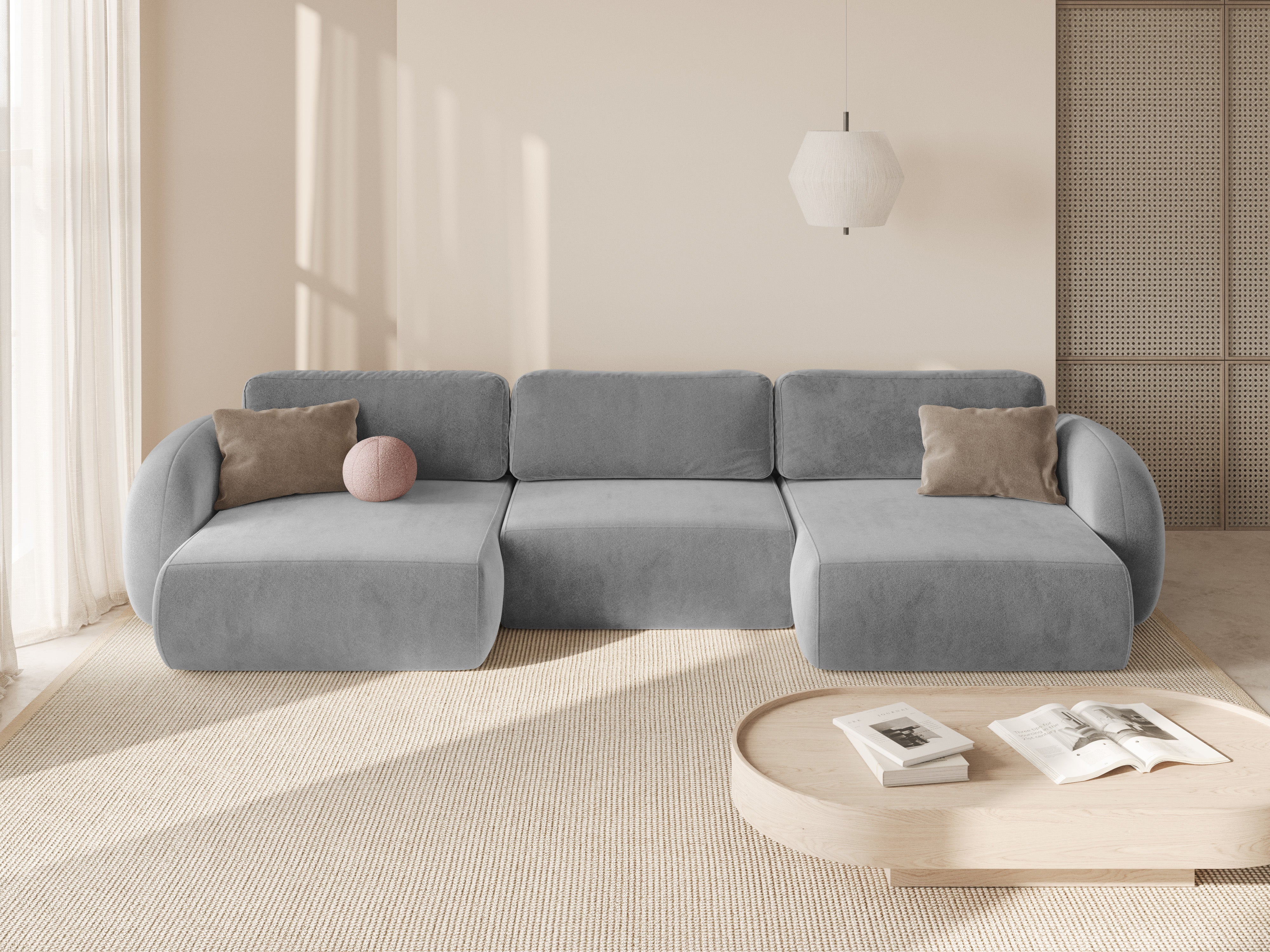 Sofa panoramisch aus Samt mit Schlaf-Funktion für 5 Personen TONALE hellgrau