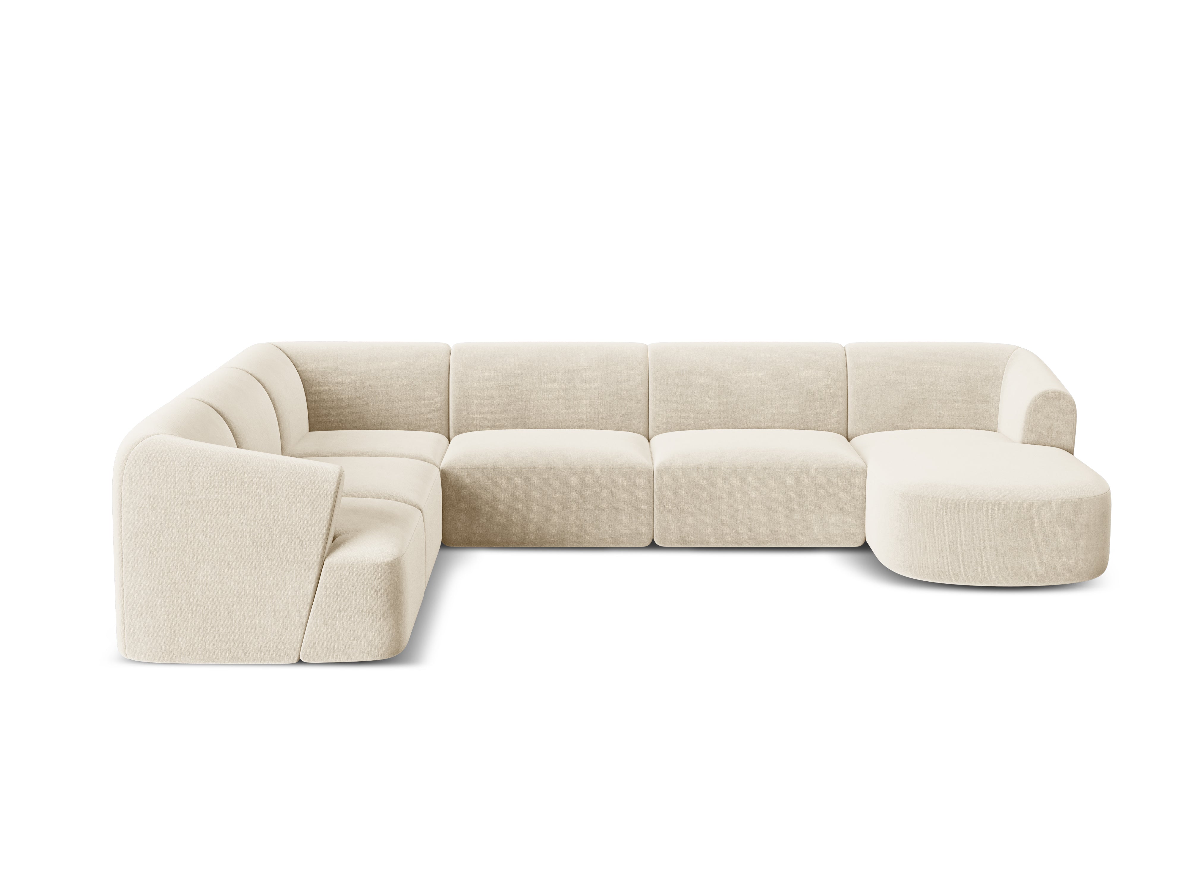 Linksseitiges, samtiges, panoramisches 7-sitziges Ecksofa CAMPI in hellbeige