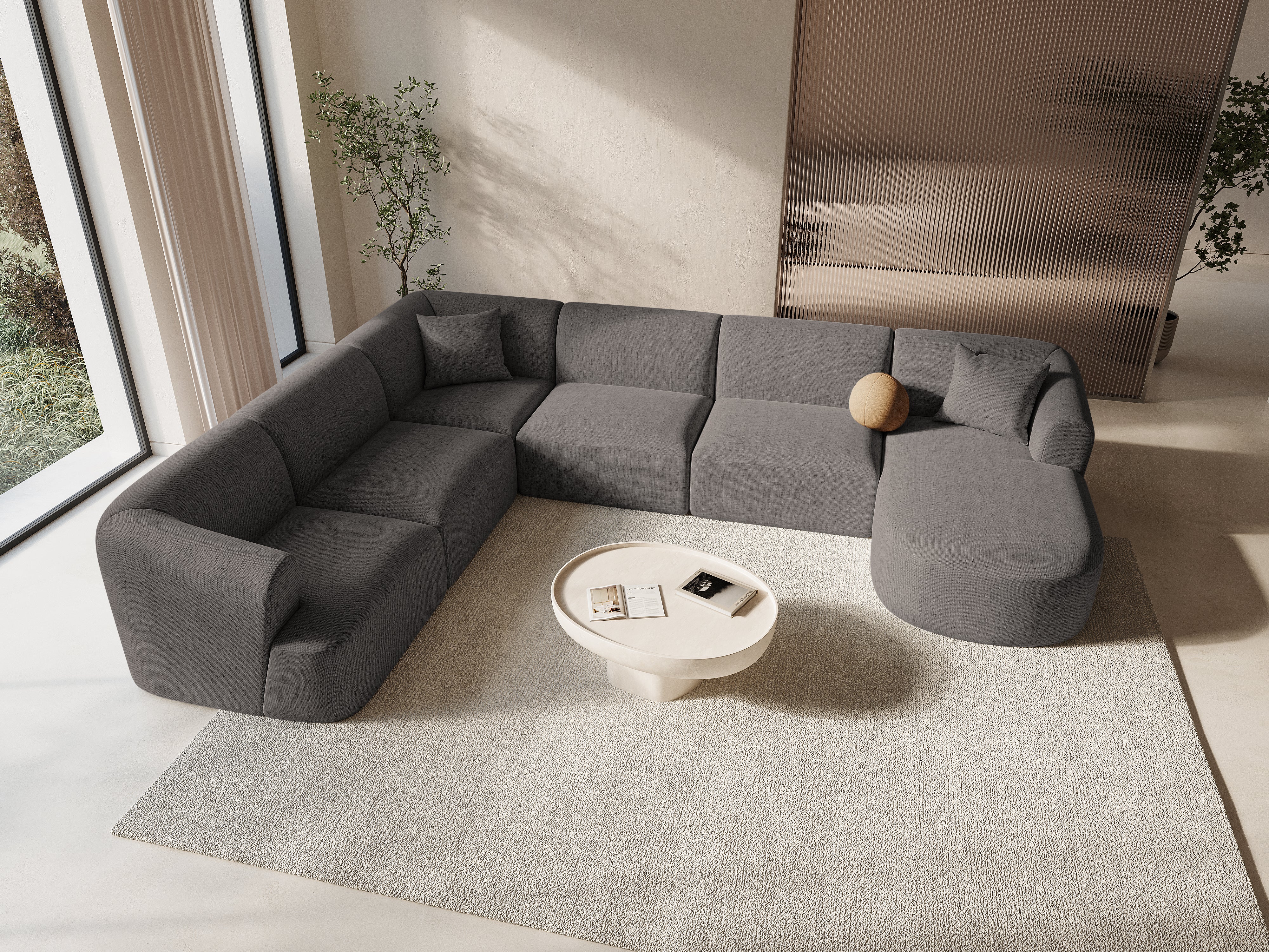 Linksseitiges panoramisches 7-Sitzer-Sofa CAMPI in grauem Chenille