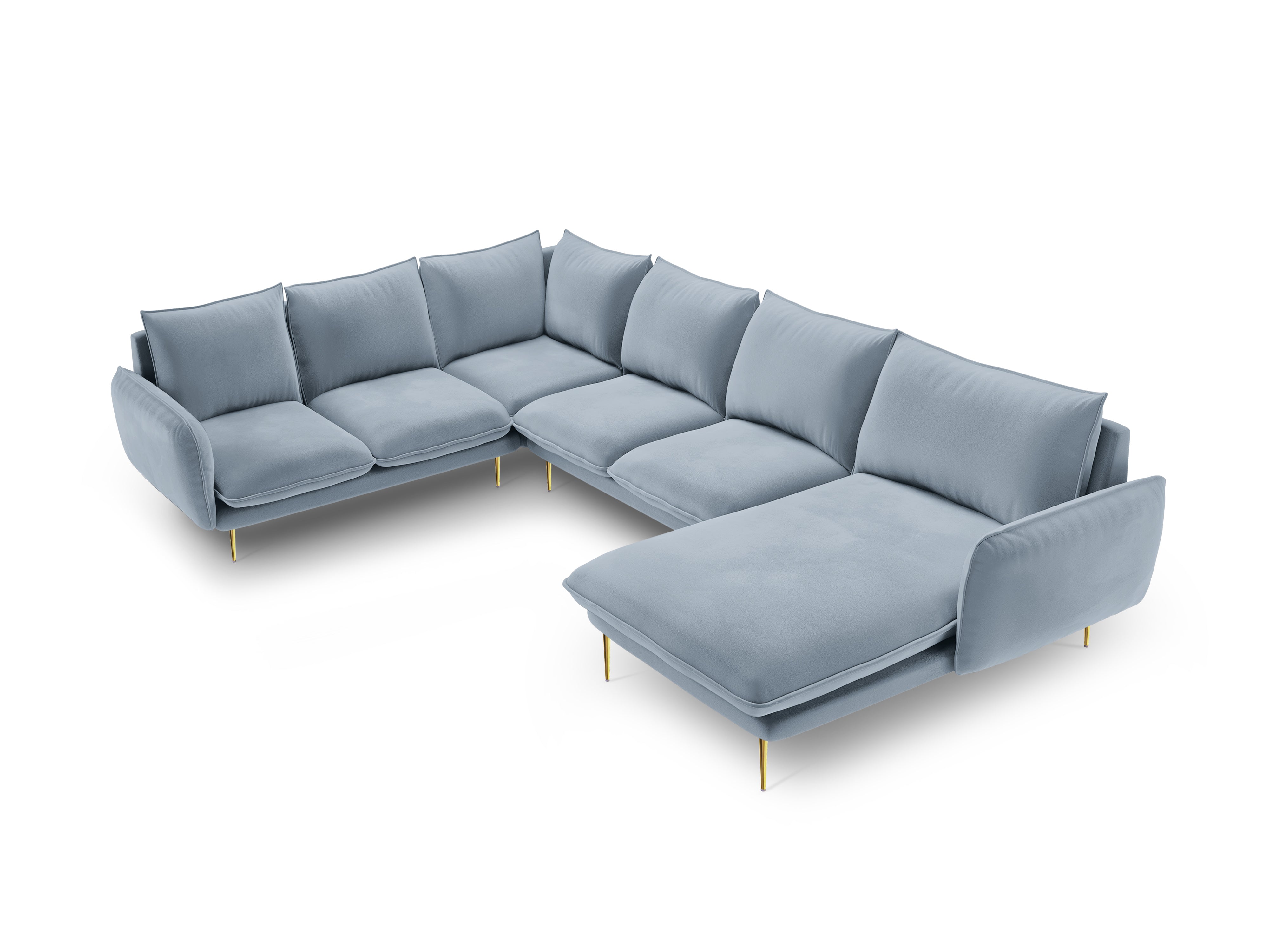 Panoramic Velvet Left-Facing Sofa for 7 People VIENNA Light Blue with Gold Base