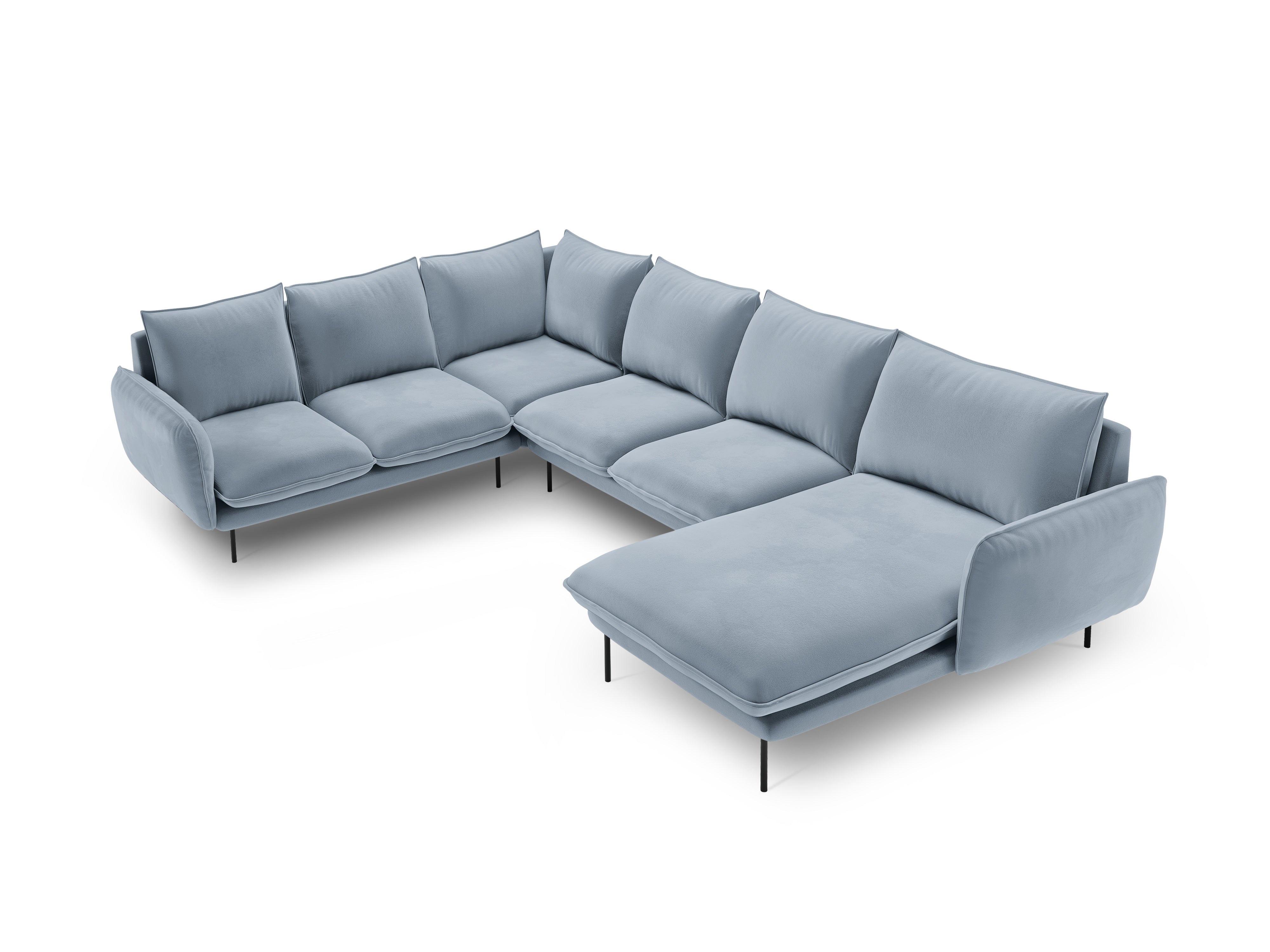 Panoramic Velvet Left-Side Corner Sofa for 7 People VIENNA Light Blue with Black Base