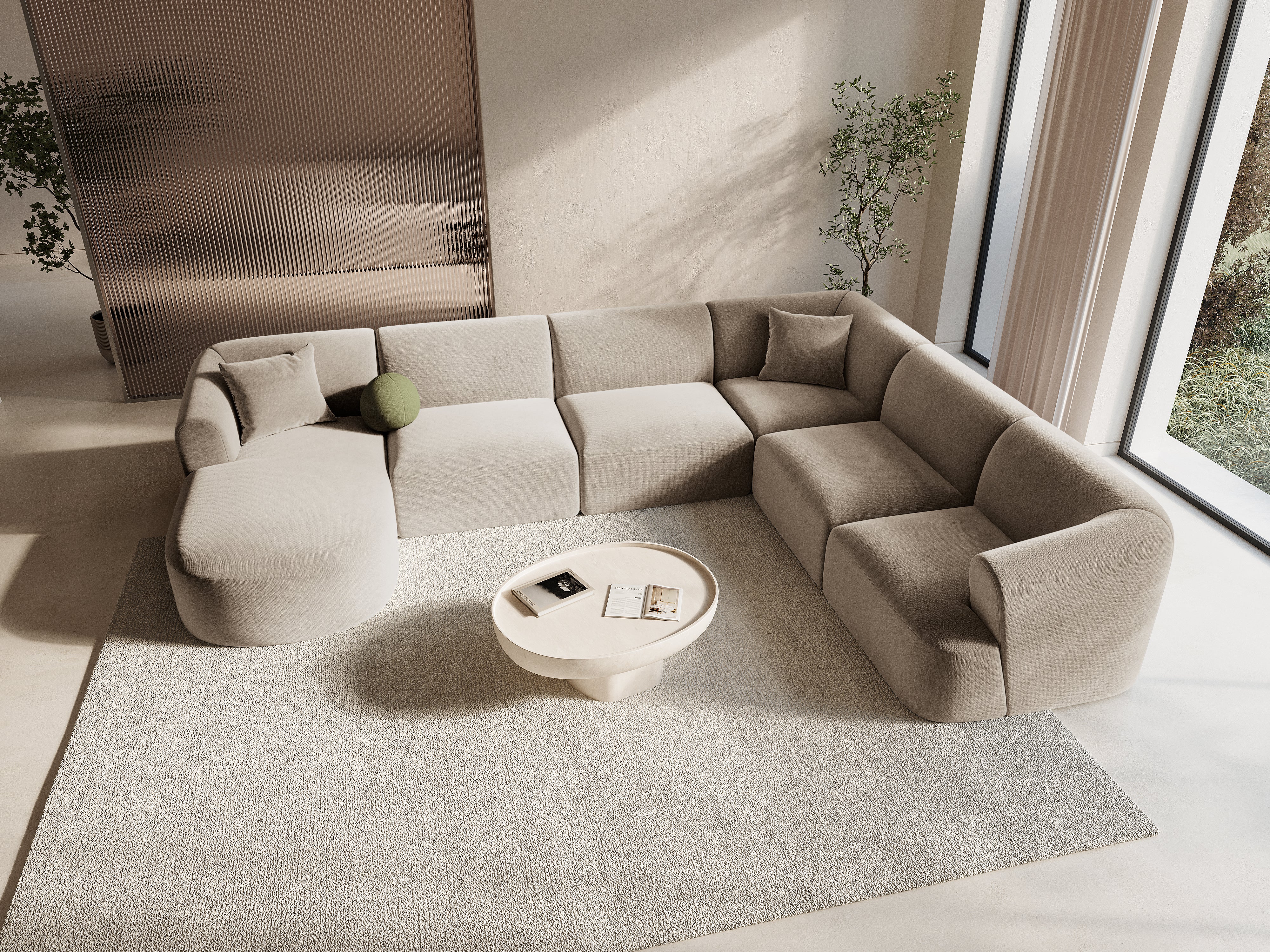 Rechtsseitiges, samtiges, panoramisches 7-sitziges Ecksofa CAMPI in dunkelbeige