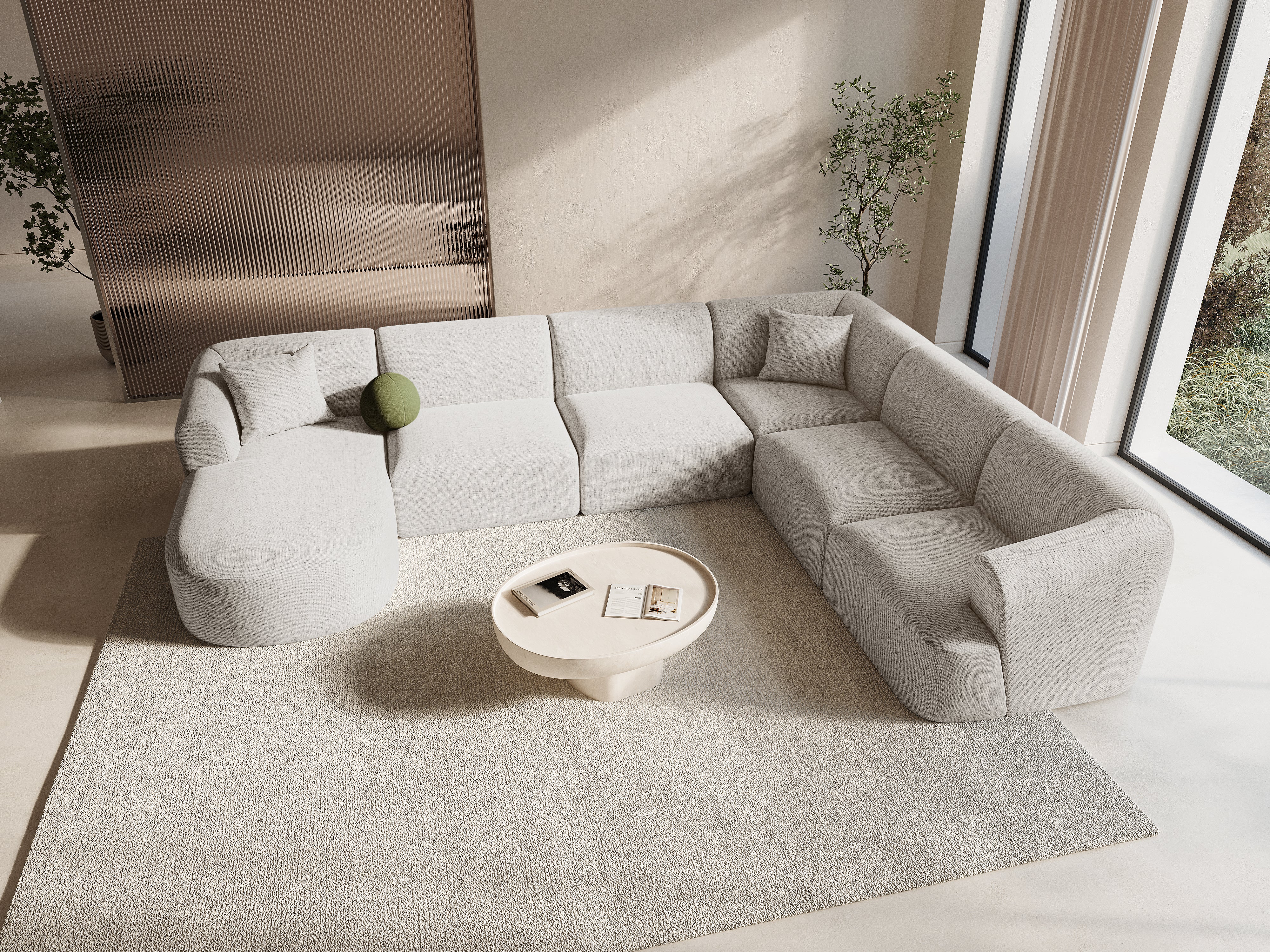 Right-facing panoramic corner sofa for 7 people CAMPI cream chenille