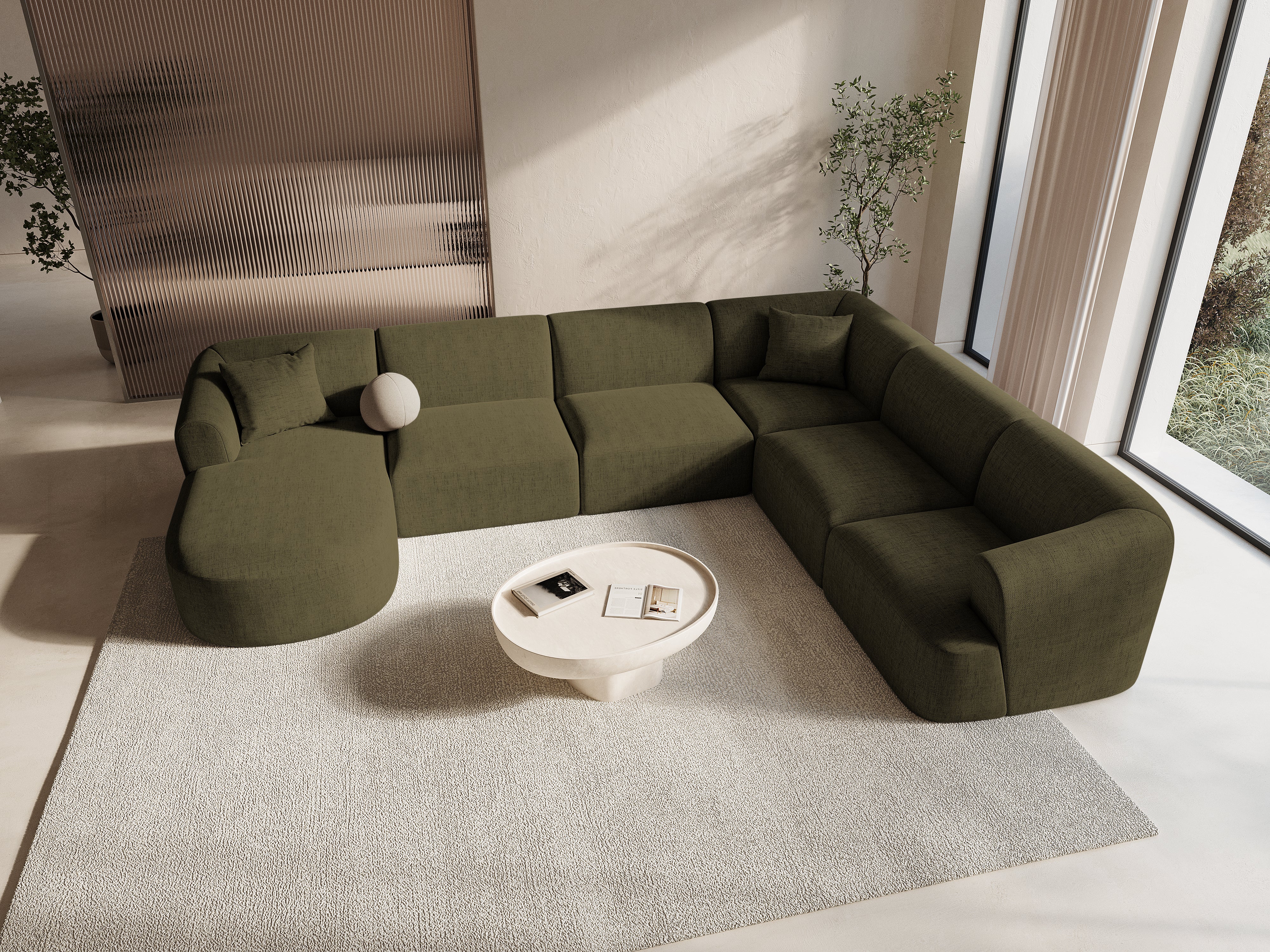 Right-facing panoramic corner sofa for 7 people CAMPI green chenille