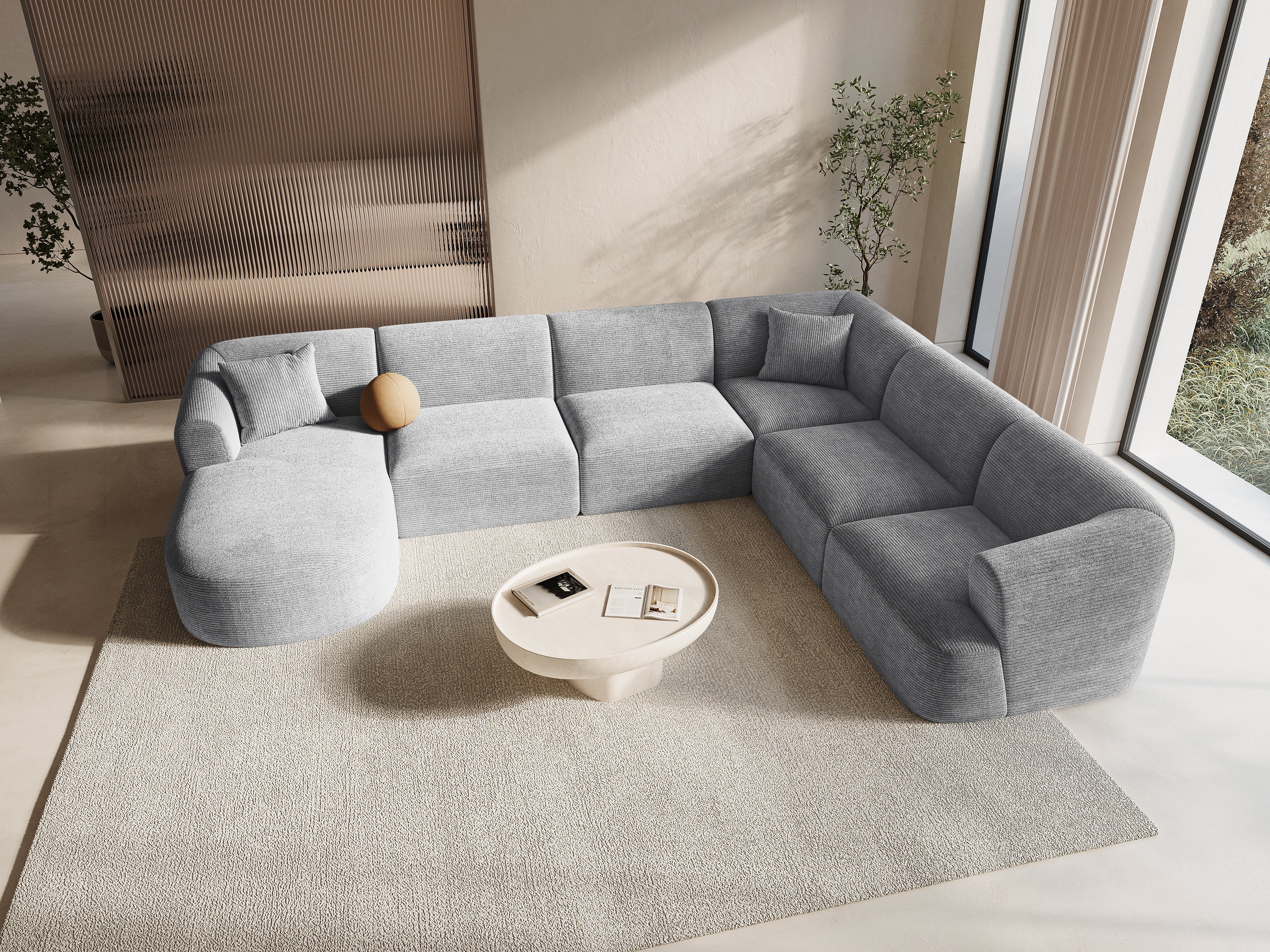 Right-facing panoramic corner sofa for 7 people CAMPI light gray corduroy