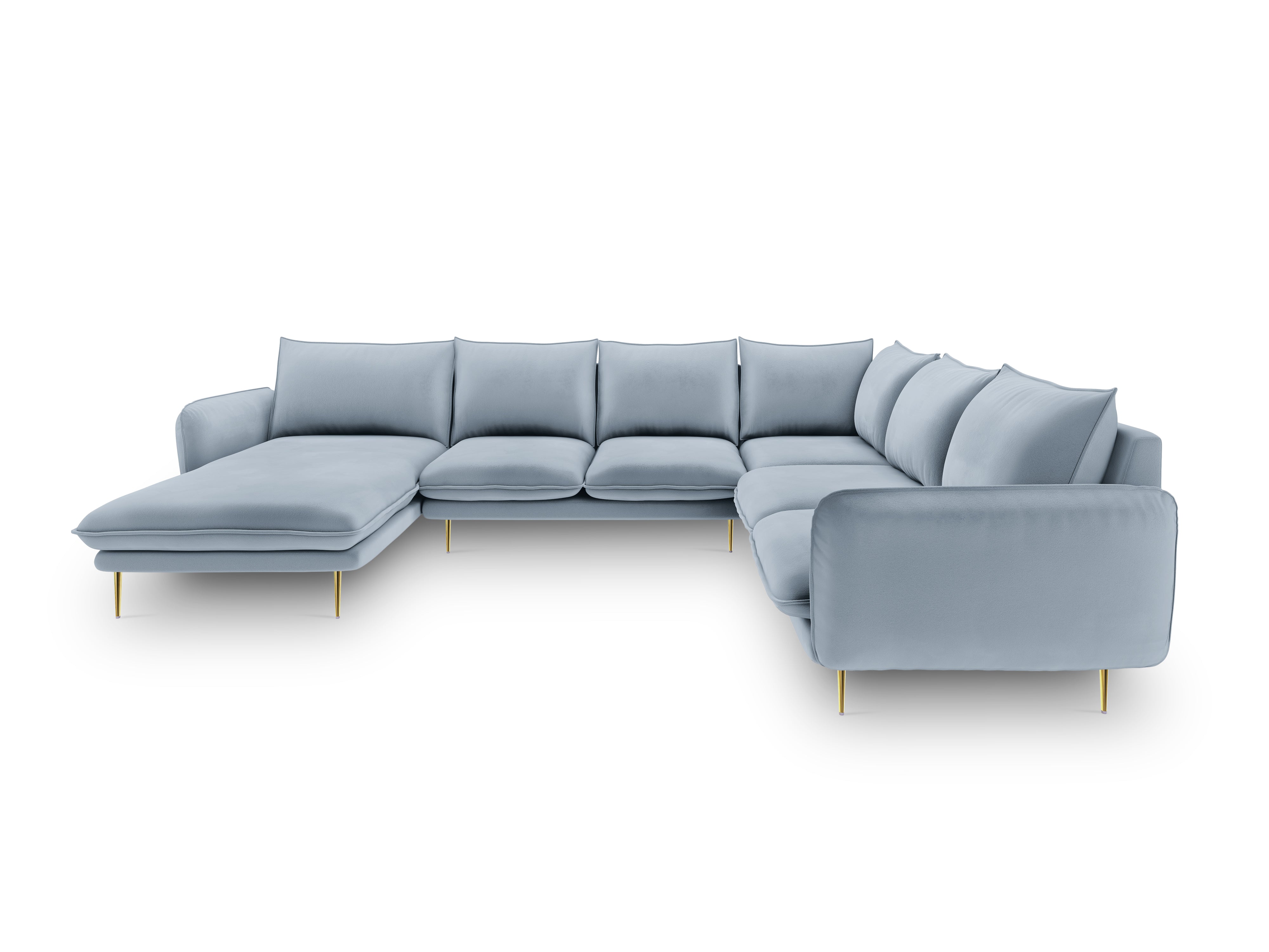 Panoramic Velvet Corner Sofa Right-Handed 7-Seater VIENNA Light Blue with Gold Base