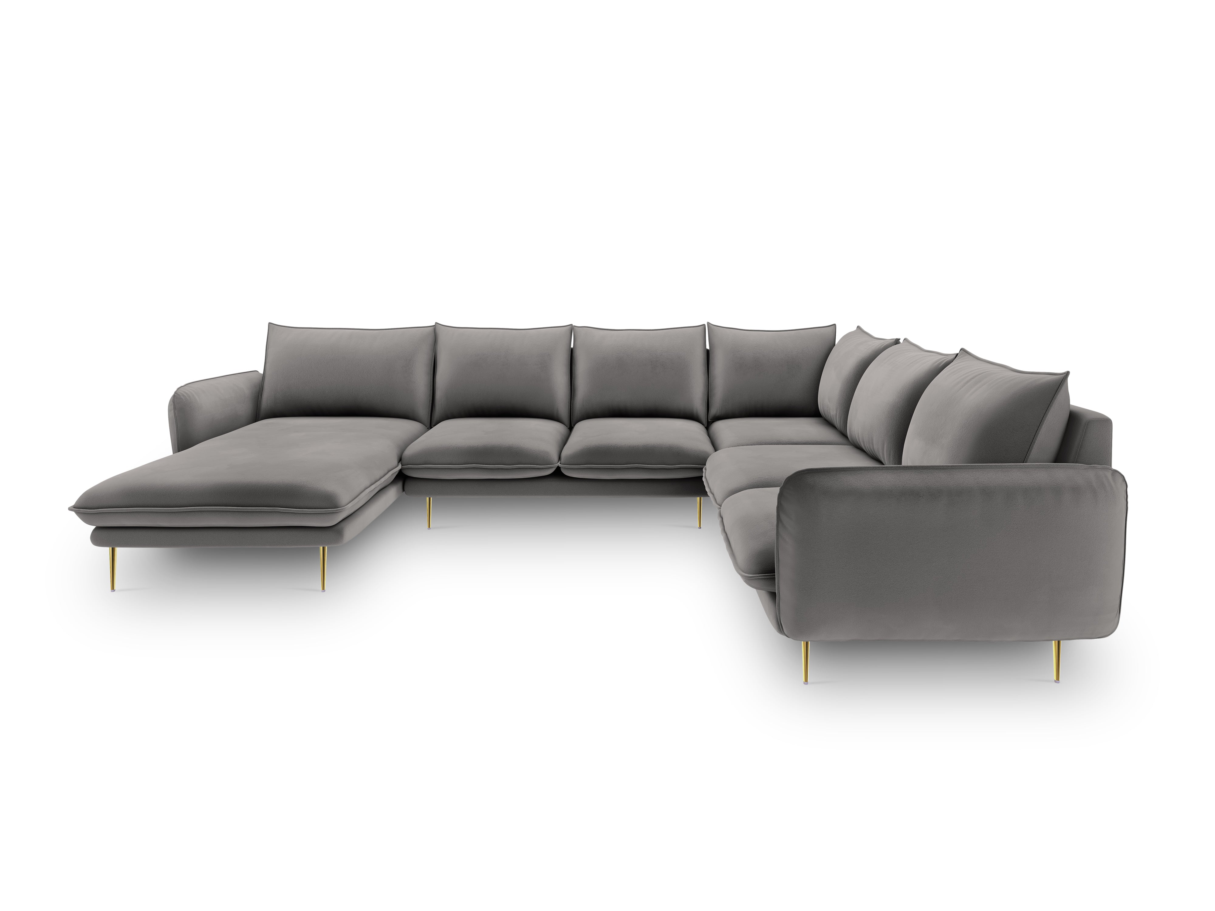 Panoramic Velvet Corner Sofa Right-Handed 7-Seater VIENNA Light Gray with Gold Base