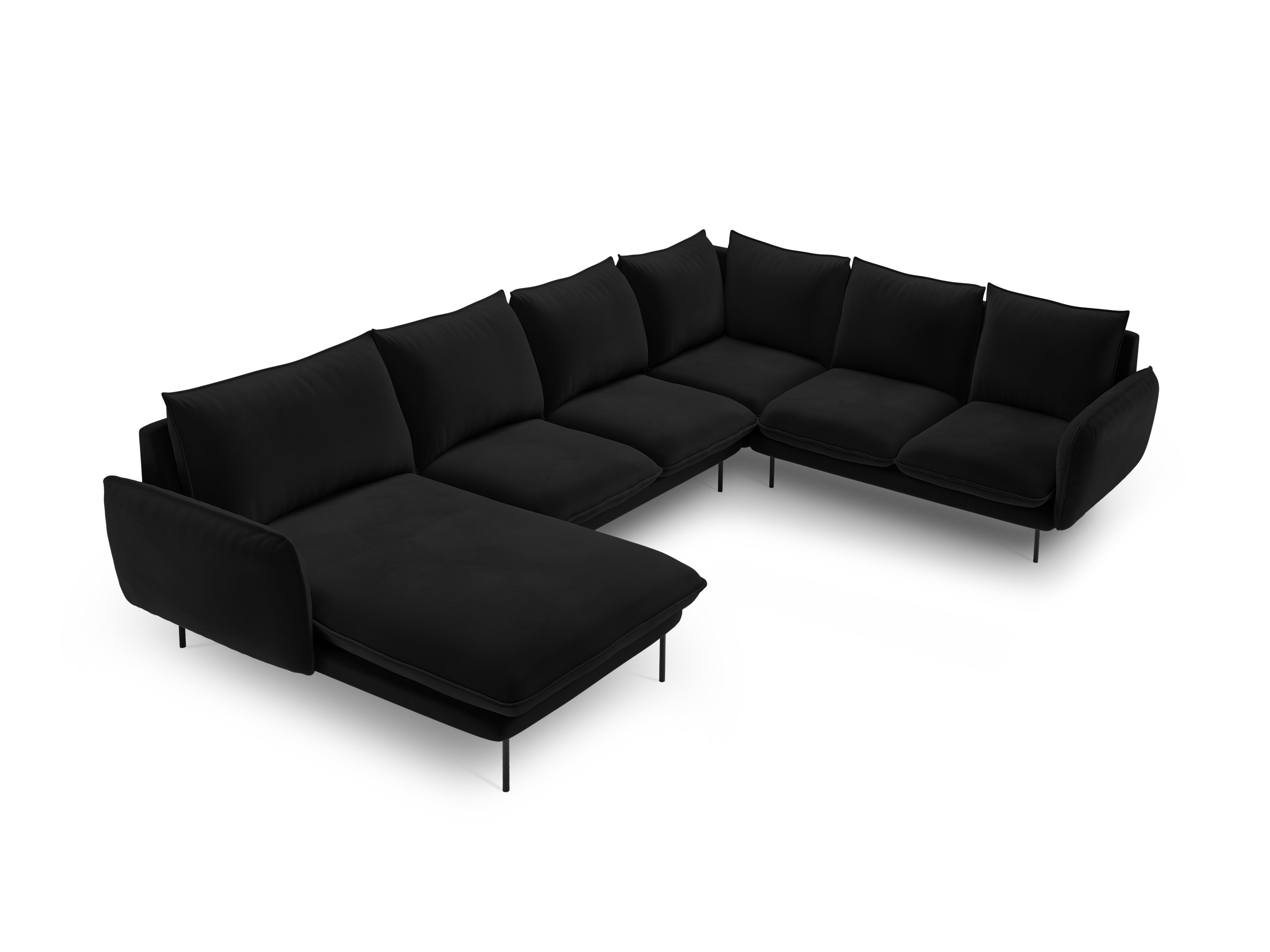 Velvet panoramic corner sofa, right-facing, 7-seater, VIENNA, black with black base