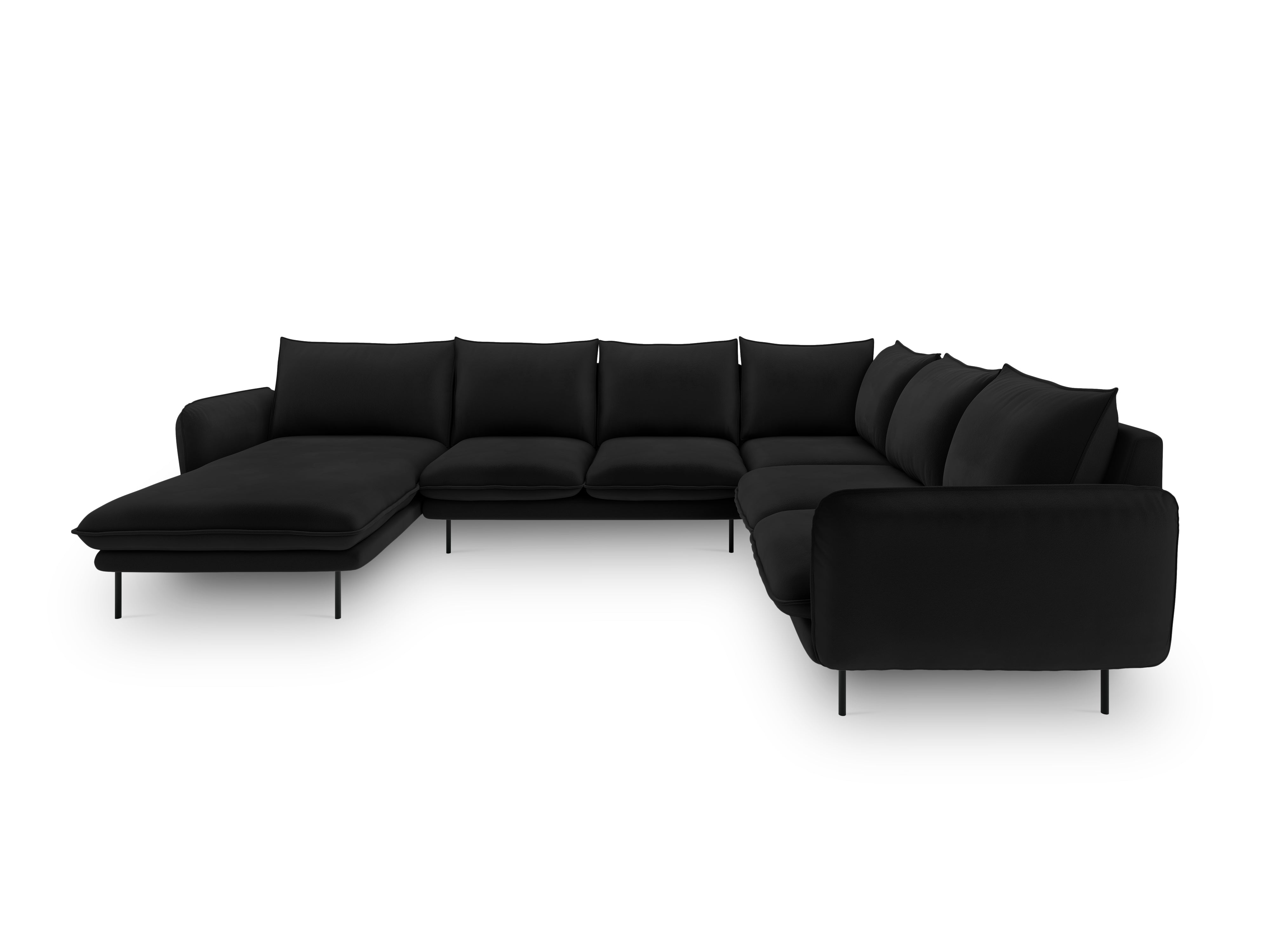 Velvet panoramic corner sofa, right-facing, 7-seater, VIENNA, black with black base